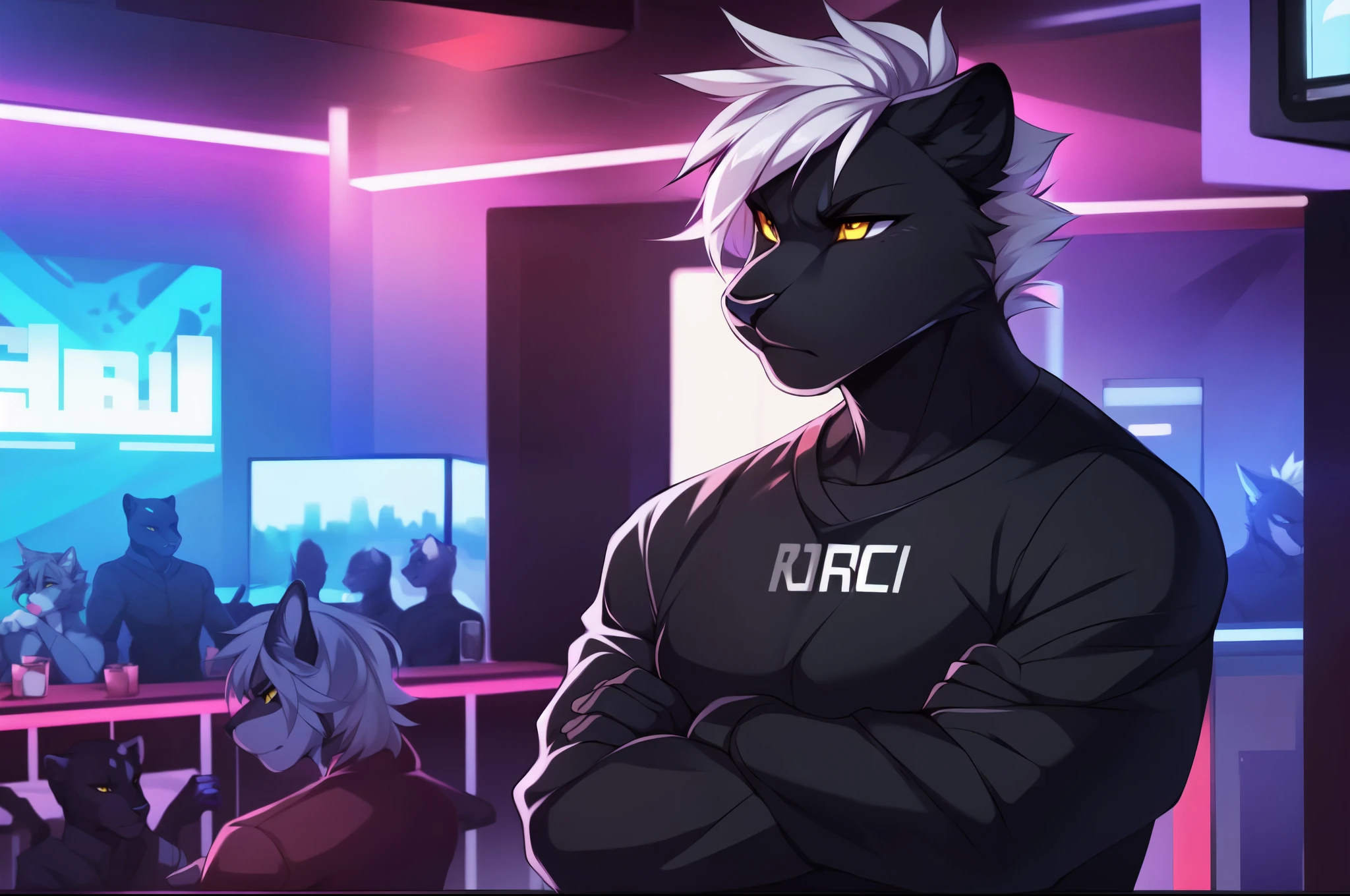 Male, solo, a furry anthro black panther male, muscular, buff, yellow eyes, panther ears, white whiskers, wearing security shirt, standing, arms crossed, serious face, looking annoyed, looking away, white hair, faux hawk hair, cell shading, in a club, busy club, detailed background, by fumiko, by hyattlen, by hioshiru, subject on the left of image, (rule of thirds, subject placed on the left of image)
