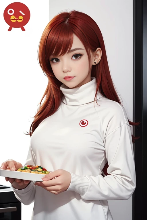 best quality, masterpiece, kyrielight mash, solo, 1girl, black eyes, white turtleneck shirt, (chibi: 0.6), light red hair, sticker, emoji, cute, white background, ((making food))