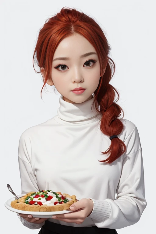 best quality, masterpiece, kyrielight mash, solo, 1girl, black eyes, white turtleneck shirt, (chibi: 0.6), light red hair, sticker, emoji, cute, white background, ((making food))