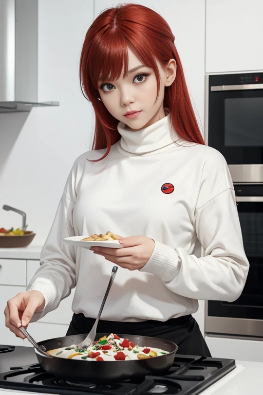 best quality, masterpiece, kyrielight mash, solo, 1girl, black eyes, white turtleneck shirt, (chibi: 0.6), light red hair, sticker, emoji, cute, white background, ((making food))