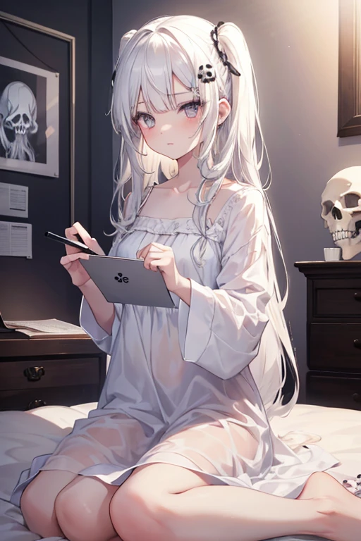 1girl, 18 years old, long white hair, white eyes, white short nightgown, princess death, skull hair clip, drawing a skull, in bedroom.