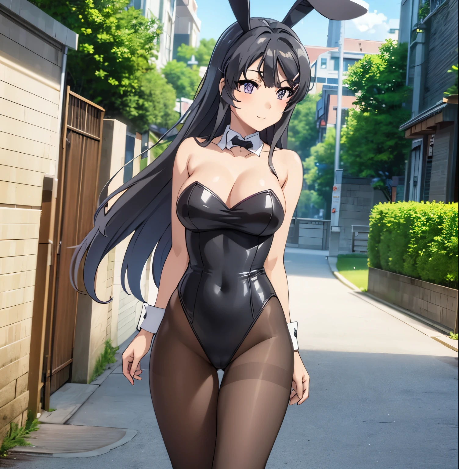 (sakurajima mai), 1girl,alone, black long hair, bangs, hairclip, purple eyes, hairclip, (black bunnysuit), strapless leotard, bare shoulders, bare arms, (rabbit ears), (black pantyhose),(cleavage, large breasts), high heels, full body,(light smile), standing, (looking at viewer), (cowboy shot), (masterpiece, best quality, high quality), (colorful), volumatic light, ray tracing, extremely detailed CG unity 8k wallpaper, outdoors, cityscape, buidlings, streets, flowers, green plants, blue sky