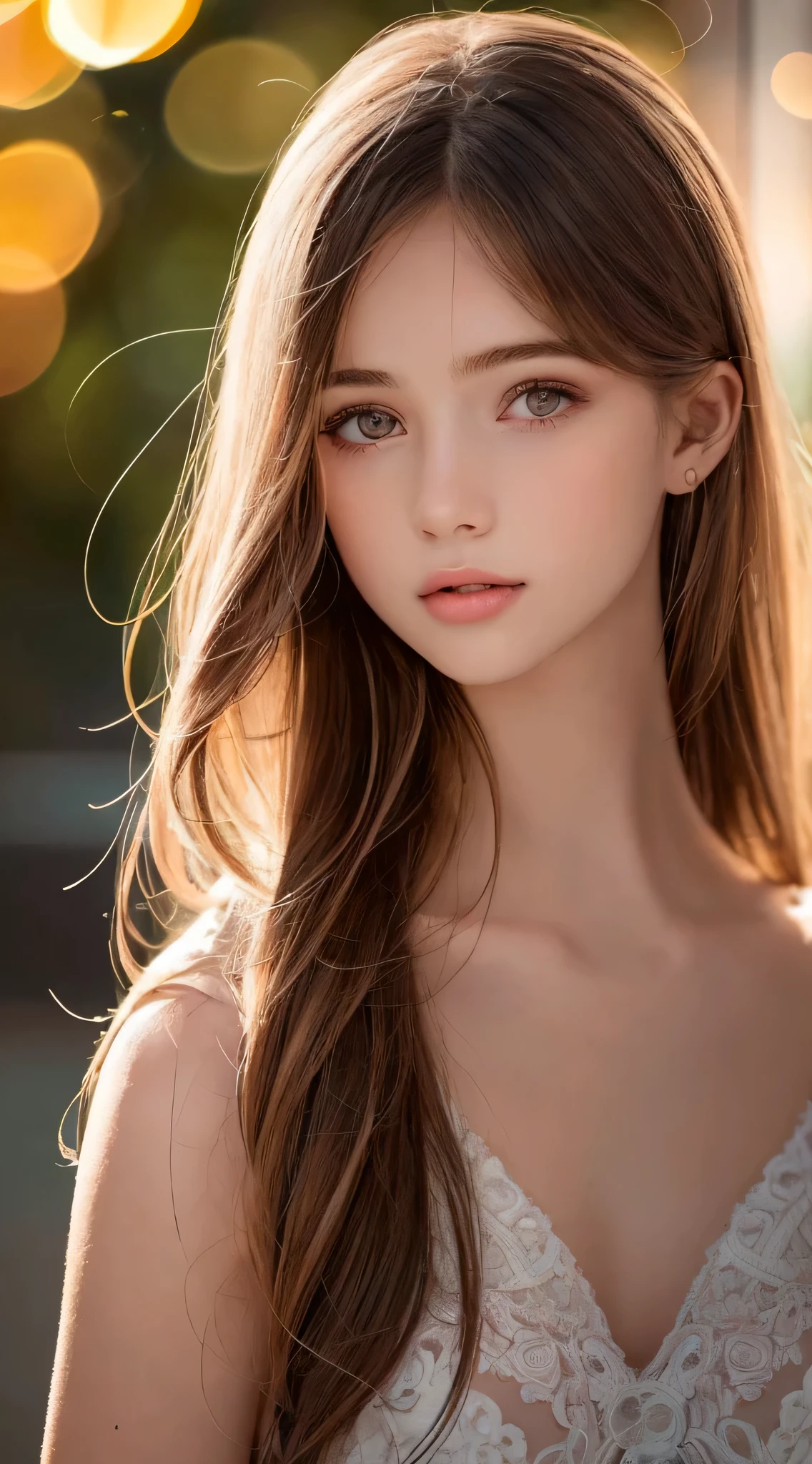 (Best Quality), (Ultra-detailed), (Illustration), (Detailed light), (extremely delicate and beautiful), 1young girls, Brown hair, Brown eyes, modeled, bare shoulders​、breastsout:1.2), Best Quality, extremely detailed CG unified 8k wallpaper, High-definition color, Professional, (((Bokeh))), depth of fields, Twilight, Sunset,
