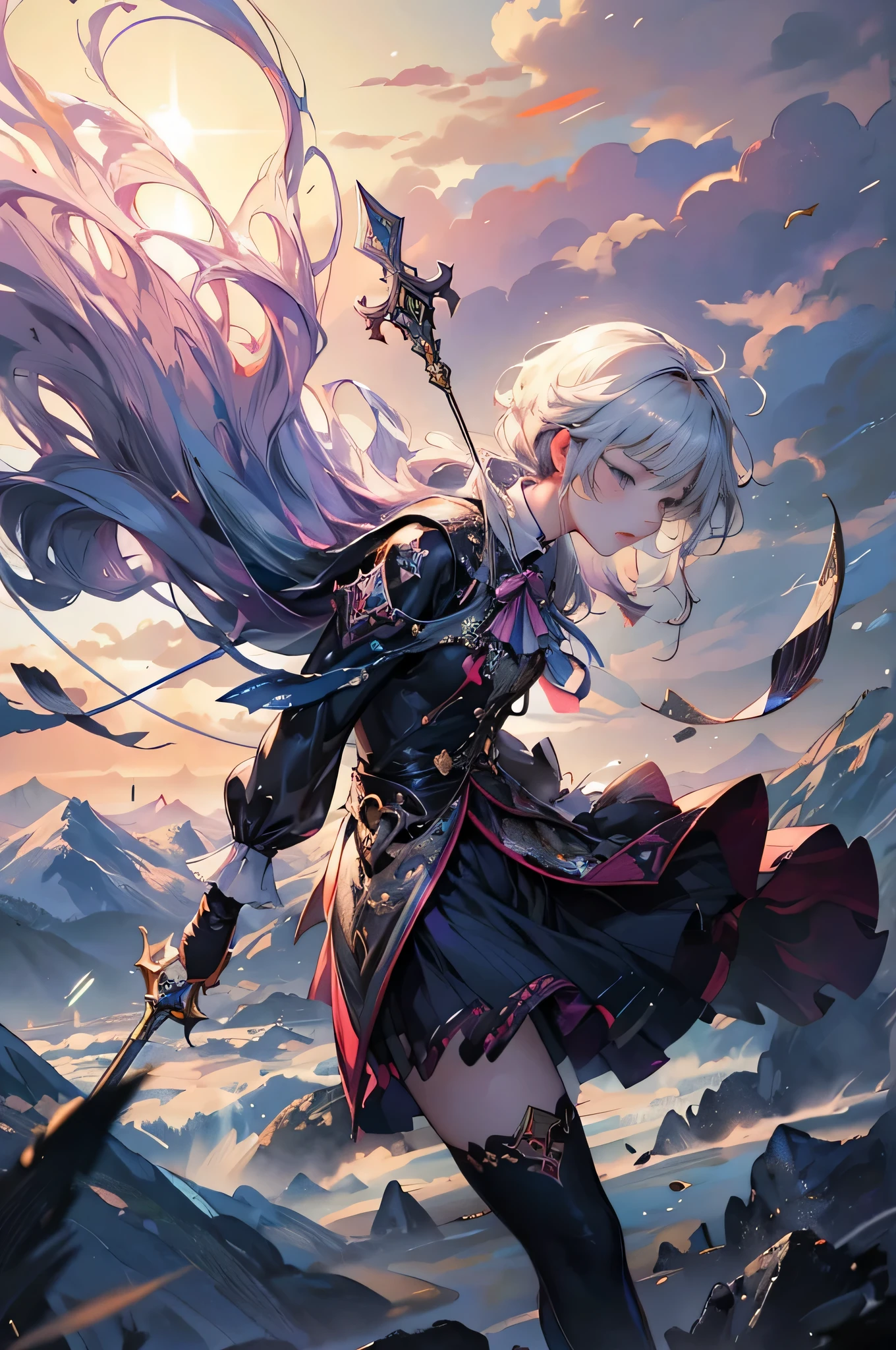 Viola、mountain ranges、Near future、ciber、sea of clouds、the morning sun、wanting、grand、(1womanl:1.2),Giant Swing、Fly over the mountains,)devastated,Shining Weapon,Dynamic Angle, Splash Art, [(Art Book: Art Book: Art Book. Art Book.:0.8)|Art by Lyubov Popova], Octane Render, Unity 8k壁纸, ultra-detailliert, Beautiful and aesthetic, Extremely detailed, Dynamic Angle, cowboyshot, Most Beautiful Form of Chaos, Elegant, a brutalist designed, vivd colour, romanticism, by james jean, roby dwi antono, by Ross Tran, Francis Bacon, michal mraz, Adrian Ghenny, petra cortright, Gerhard Richter, Takato Yamamoto, Ashley Wood, Atmospheric, ecstasy of musical notes, streaming musical notes visible,Sun Knight,