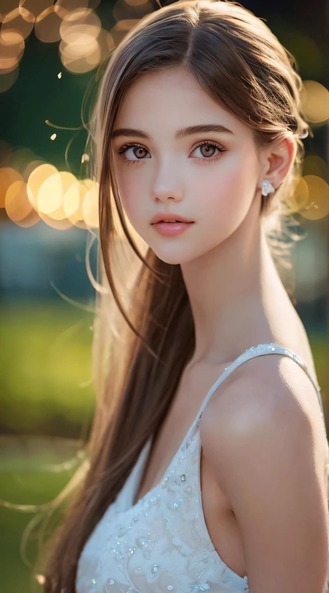 (Best Quality), (Ultra-detailed), (Illustration), (Detailed light), (extremely delicate and beautiful), 1ung girls, Brown hair, Brown eyes, modeled, bare shoulders​、breastsout:1.2), Best Quality, extremely detailed CG unified 8k wallpaper, High-definition color, Professional, (((Bokeh))), depth of fields, Twilight, Sunset,