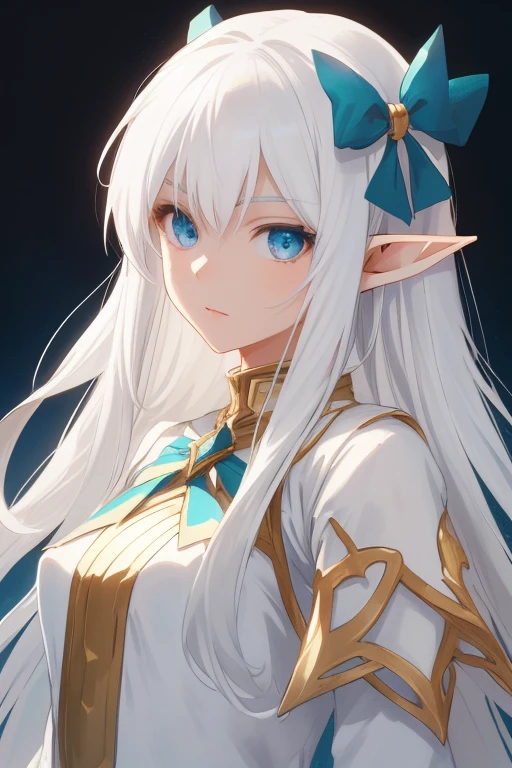 (a light elf, warrior, with bow, white hair, detailed eyes, detailed face, anime version), high quality, vibrant colors, soft lighting, masterpiece.