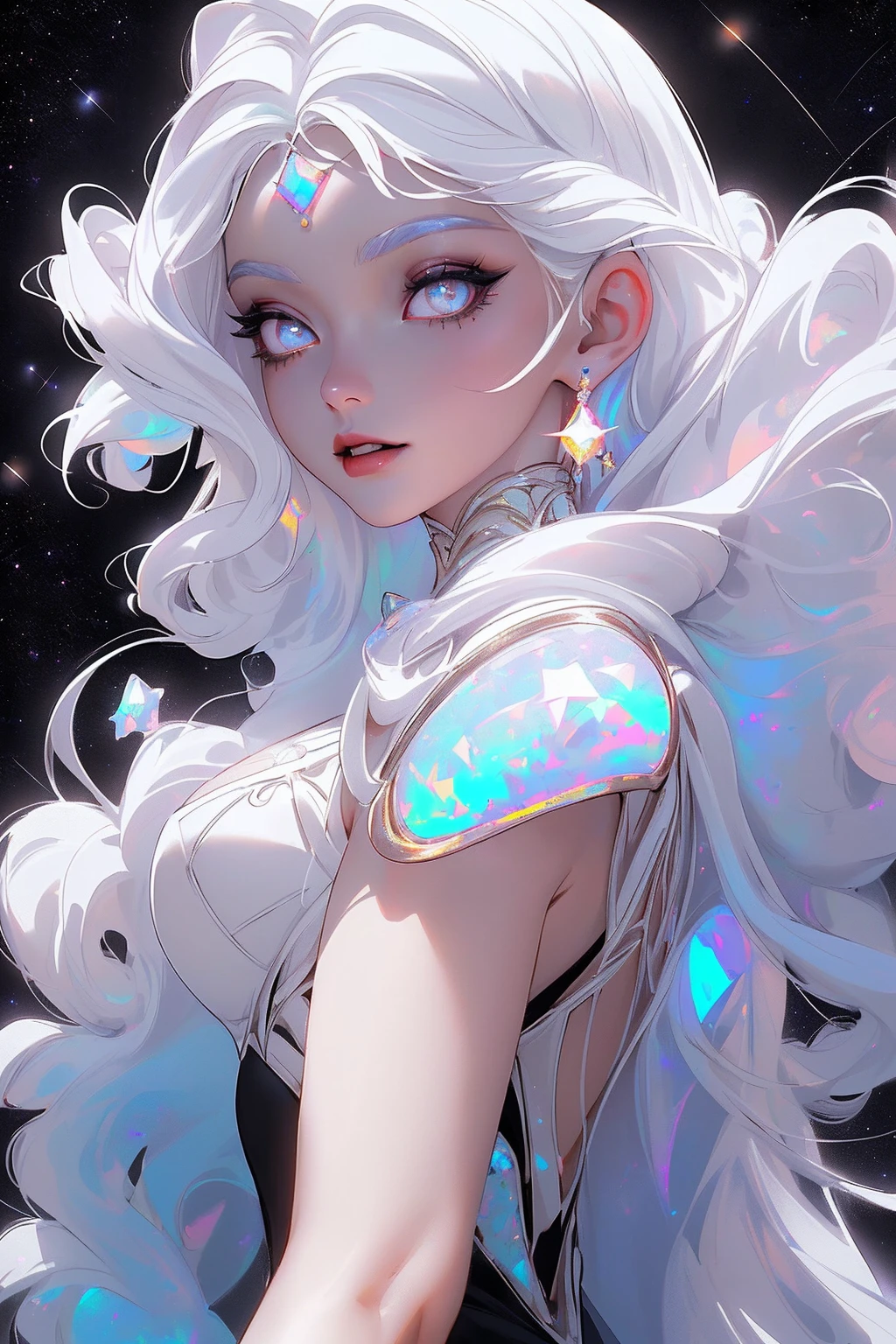 {-erro_de_anatomia:1.0} masterpiece, highest quality, (perfect face:1.1, (high detail)1.1, sweet Alien vampire , long soft white hair, opal eyes, perfectly drawn face, black dress, stars detailed background, prismatic lighting, glitter, whole body, walking feet under the stars