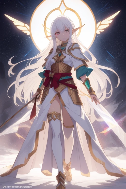 (a light elf, warrior, with bow, white hair, detailed eyes, detailed face, anime version), high quality, vibrant colors, soft lighting, masterpiece, full body, in the glow of light.