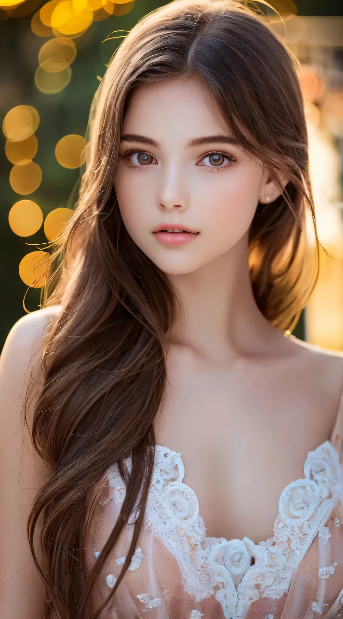(Best Quality), (Ultra-detailed), (Illustration), (Detailed light), (extremely delicate and beautiful), 1young girls, Brown hair, Brown eyes, modeled, bare shoulders、breastsout:1.2), Best Quality, extremely detailed CG unified 8k wallpaper, High-definition color, Professional, (((Bokeh))), depth of fields, Twilight, Sunset,