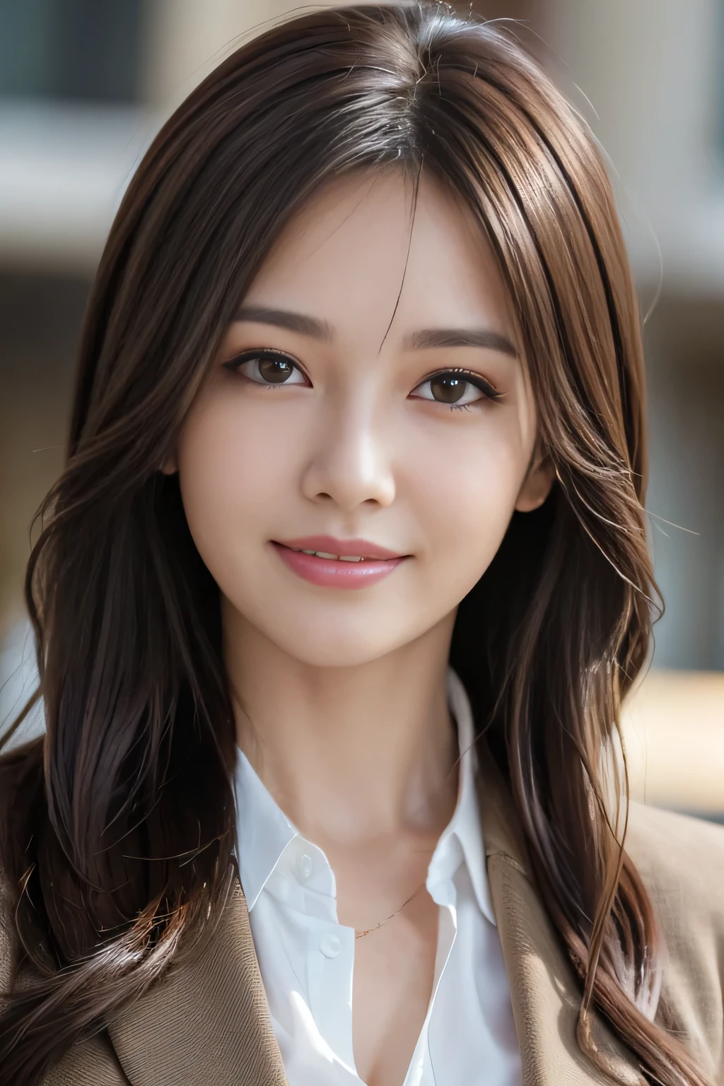 masutepiece, Best Quality, Photorealistic, Ultra-detailed, finely detail, High resolution, 8K Wallpaper, 1 beautiful woman,, light brown messy hair, in a business suit, foco nítido, Perfect dynamic composition, Beautiful detailed eyes, detailed hairs, Detailed realistic skin texture, Smiling, Close-up portrait, Model body type