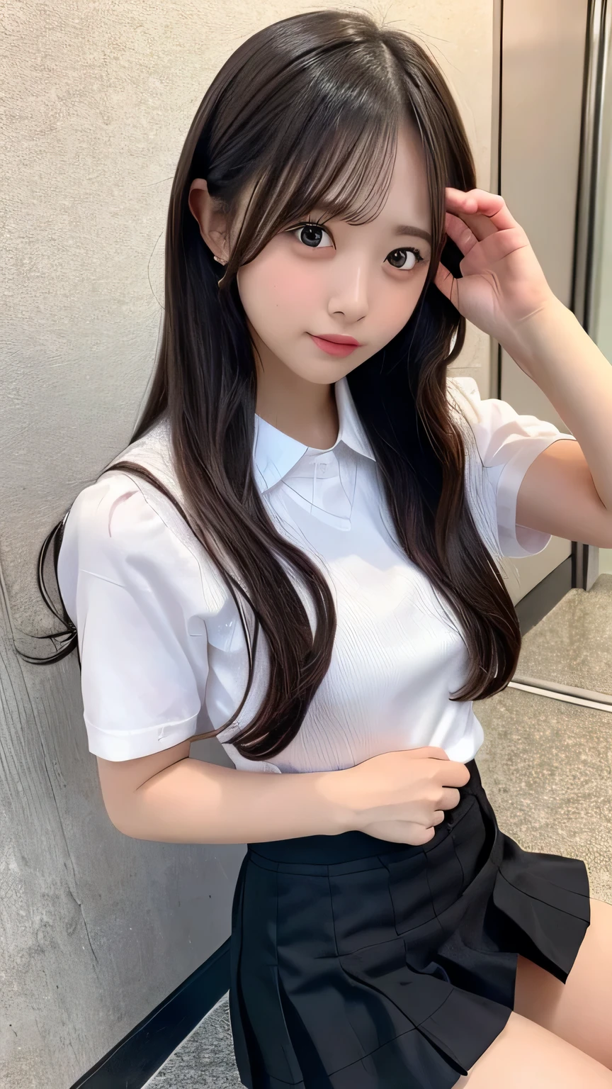 Best Quality,1girl in in, Skirt, 1girl in, School uniform, pantiy, pleatedskirt, Black hair, buttock, Lifting clothes, eyes are brown, Blue skirt, pure gaze, 白い The shirt, The shirt, Long hair, Short sleeves, School uniform, (Miniskirt:1.5), lifted by self, Open mouth, Shadow, plaid skirts, blush