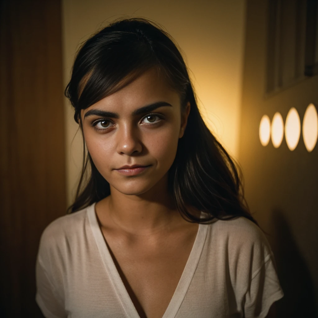 (primer plano, editorial photograph of a 21 year old woman), (Cara altamente detallada:1.4) (They are smiling:0.7) (fondo interior oscuro, malhumorado, Estudio privado:1.Ov, Por Lee Jeffries, Nikon D850, Stock Photography of the film ,4 Kodak Portra 400 ,camera f1.6 lentes ,colores ricos ,hiperrealista ,Textura realista, Dramatic lighting , CineStill 800