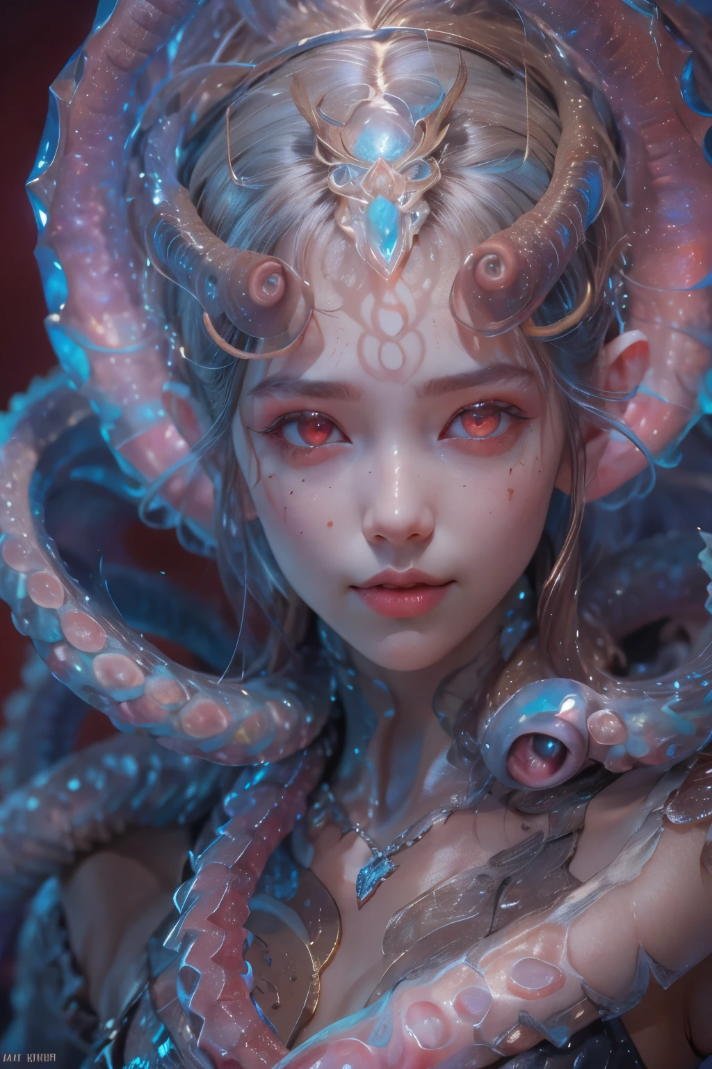 Portrait, (beautiful female alien:1.2), (she has red eyes with no pupils:1.8), (Translucent skin:1.7), (There is a female genital-like organ in the middle of the forehead:1.9), (The most beautiful face in the history of the universe:1.2),an evil gaze that seduces, (large mouth:1.1), (sharp teeth like a vampire:1.2), Full body like, (bio luminescent:1.5), (Smile wickedly:1.3), (sexypose:1.5), alien, No humans, cells are fused, (Lots of translucent tentacles:1.3) extraterrestrial, cell, bio image, Best Quality, 8K,4K_quality, High Definition, Dramatic Lighting, masutepiece:1.5,cinematic quality, detail up, (Intricate details:1.2), High resolution, High Definition, drawing faithfully, (Thick eyebrows:1.2), Beautiful eyes with fine symmetry,(Highly detailed face and eyes:1.2), Intimate face, (Super detailed skin quality feeling:1.4), Perfect Anatomy, (Beautiful toned body:1.5), (Moist skin:1.2), No makeup, (dark circles:1.1), long canines, cinematic drawing of characters, ultra high quality model, cinematic quality, detail up, (Intricate details:1.2), High resolution, High Definition, drawing faithfully, Official art, Unity 8K wall , 8K Portrait, Best Quality, Very High resolution, ultra detailed artistic photography, midnight aura, unreal enginee 5, Ultra Sharp Focus, art by alberto seveso, ArtGerm, Roisch, intricate artwork, best quality, masutepiece, ultra High resolution, (photos realistic:1.4), Ultra-realistic realism, dream-like, nautilus, Creation of fantasy, Snail, Dream Snail, biopunk nautilus, Thrilling color schemes, Ultra-realistic realism, seductively smiling, Blue tentacles,