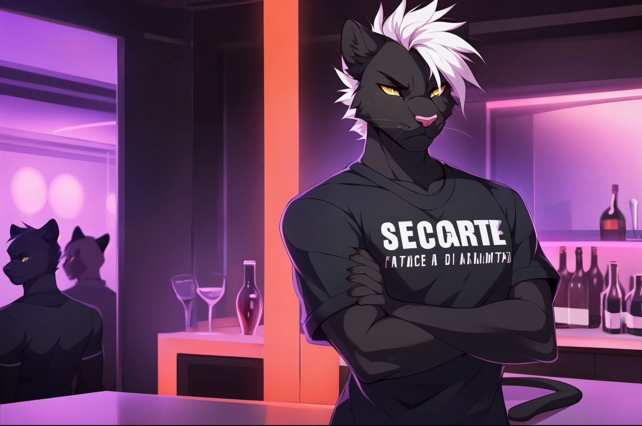 Male, solo, a furry anthro black panther male, muscular, buff, yellow eyes, panther ears, white whiskers, wearing security shirt, standing, arms crossed, serious face, looking annoyed, looking away, white hair, faux hawk hair, cell shading, in a club, busy club, detailed background, by fumiko, by hyattlen, by hioshiru, far away shot, standing in the middle of a bar