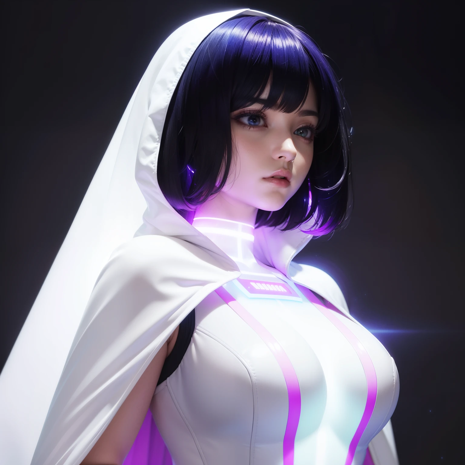 Bust to waist ((perfect face)) perfect skin, hyperrealistic masterpiece, Superheroine woman ((fringe glowing colorful)) in extremely complex & superdetailed tight plugsuit ((with white cape)), sharp focus, cinematic illumination: 8k, (((neos-cyberpunkcore aesthetic style::1)))
