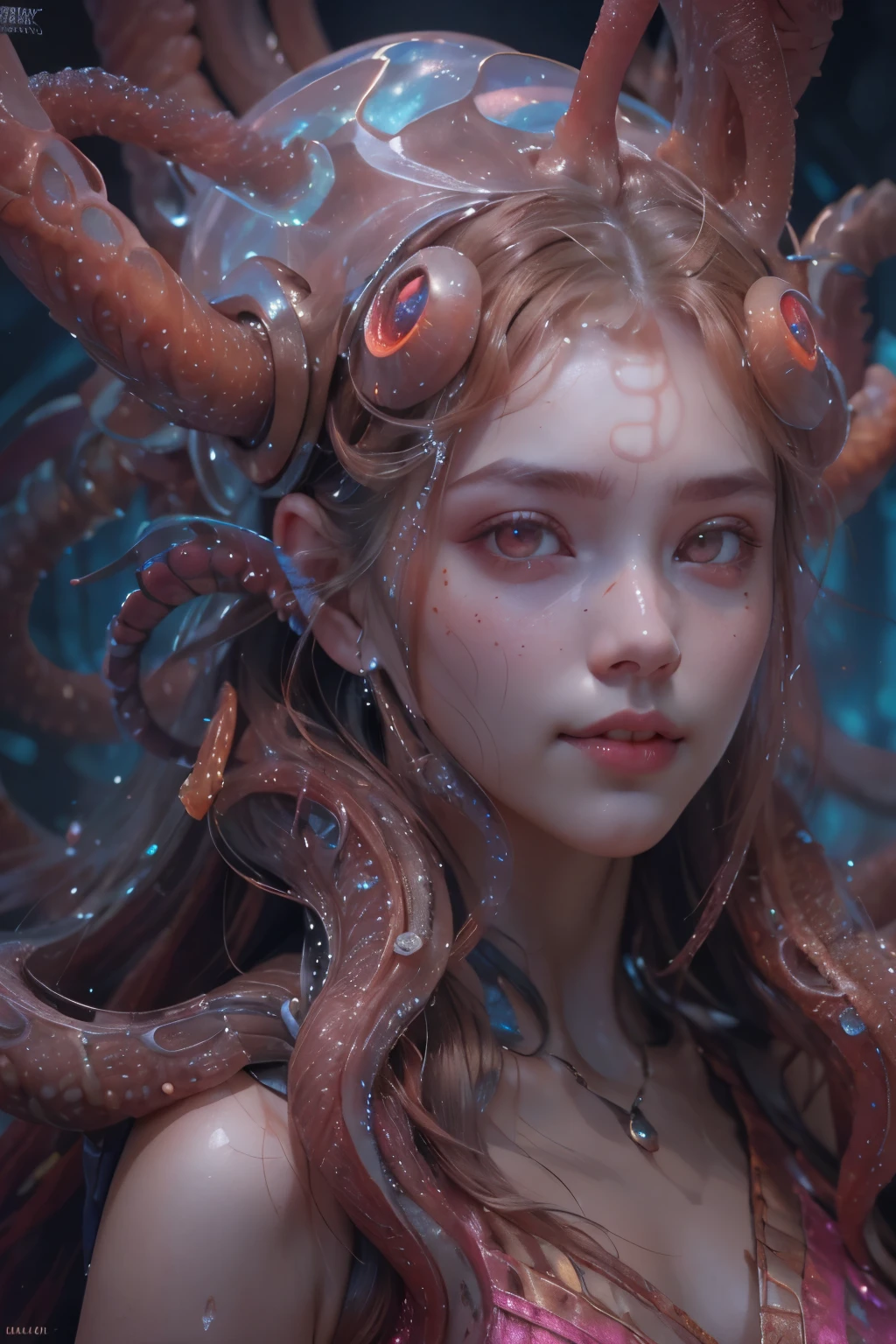 Portrait, (beautiful female alien:1.2),  (she has red eyes with no pupils:1.8), (Translucent skin:1.7),  (There is a female genital-like organ in the middle of the forehead:1.9), (The most beautiful face in the history of the universe:1.2),an evil gaze that seduces, (large mouth:1.1), (sharp teeth like a vampire:1.2), Full body like, (bio luminescent:1.5), (Smile wickedly:1.3),  (sexypose:1.5), alien, No humans, cells are fused, (Lots of translucent tentacles:1.3) extraterrestrial, cell, bio image, Best Quality, 8K,4K_quality, High Definition, Dramatic Lighting, masutepiece:1.5,cinematic quality, detail up, (Intricate details:1.2), High resolution, High Definition, drawing faithfully, (Thick eyebrows:1.2), Beautiful eyes with fine symmetry,(Highly detailed face and eyes:1.2), Intimate face, (Super detailed skin quality feeling:1.4), Perfect Anatomy,  (Beautiful toned body:1.5),  (Moist skin:1.2), No makeup, (dark circles:1.1), long canines, cinematic drawing of characters, ultra high quality model, cinematic quality, detail up, (Intricate details:1.2), High resolution, High Definition, drawing faithfully, Official art, Unity 8K wall  , 8K Portrait, Best Quality, Very High resolution, ultra detailed artistic photography, midnight aura,  unreal enginee 5, Ultra Sharp Focus, art by alberto seveso, ArtGerm, Roisch, intricate artwork, best quality, masutepiece, ultra High resolution, (photos realistic:1.4), Ultra-realistic realism, dream-like,  nautilus, Creation of fantasy, Snail, Dream Snail,  biopunk nautilus, Thrilling color schemes， Ultra-realistic realism， seductively smiling, Blue tentacles,