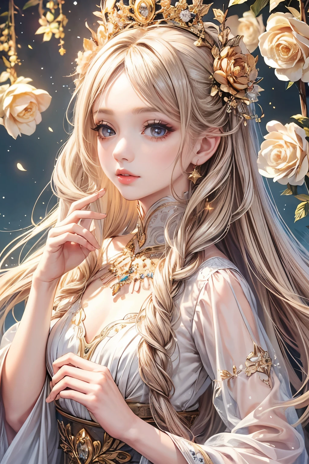 (best quality,8K,CG),detailed upper body,solitary girl,floral forest background,complex facial features,elegant long curly hair,almond-shaped big eyes,detailed eye makeup,long eyelashes,twinkling stars,exquisite lip details,soft and harmonious style.