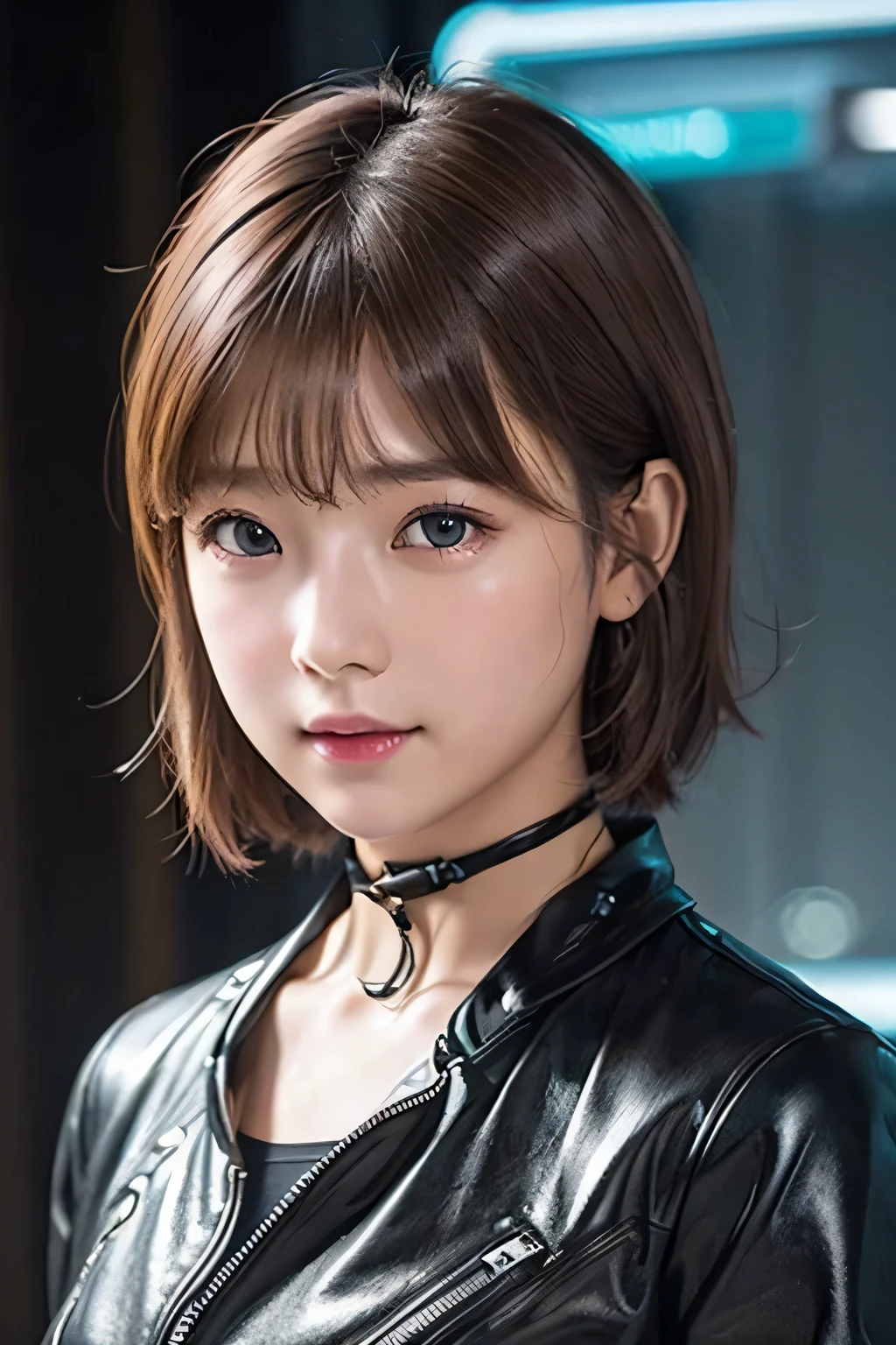 top-quality、8K Masterpiece、超A high resolution、(Photorealsitic:1.3)、Raw photo、1人、(brown hair shortcut 1.5)、glowy skin、1 Cyberpunk Super Beautiful Soldier、((super realistic details))、portlate、globalillumination、Shadow、octan render、8K、ultrasharp、、metals、cold color、、highly intricate detail、Realistic light、CGSoation trend beautiful eyes、Eyes shining towards the camera、neon details、Junior high school girl、(Shining silver-gray eyes)、tiny body、Slimed、flat body、Black Choker、((Moist eyes))、Wearing a black rider jacket