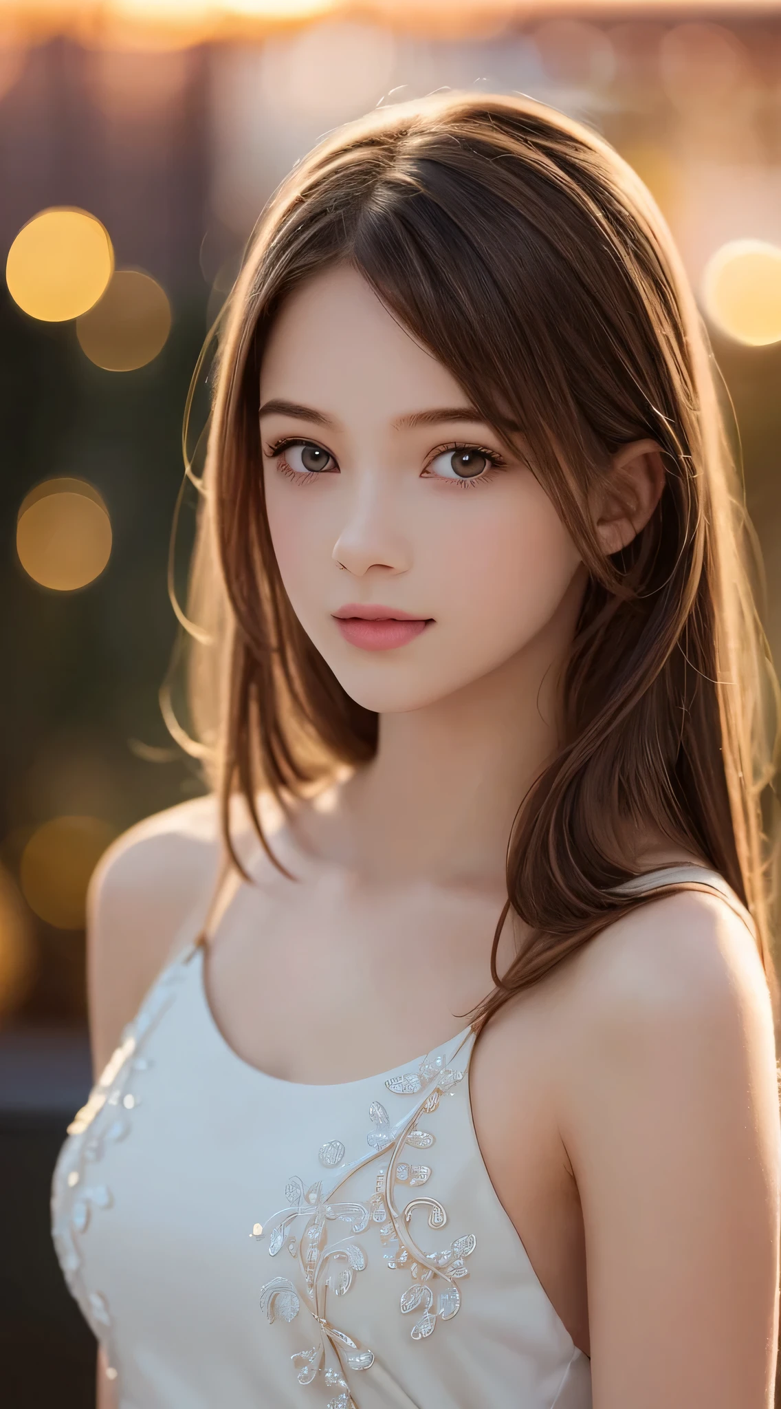 (Best Quality), (Ultra-detailed), (Illustration), (Detailed light), (extremely delicate and beautiful), 1young girls, Brown hair, Brown eyes, modeled, bare shoulders、breastsout:1.2), Best Quality, extremely detailed CG unified 8k wallpaper, High-definition color, Professional, (((Bokeh))), depth of fields, Twilight, Sunset,