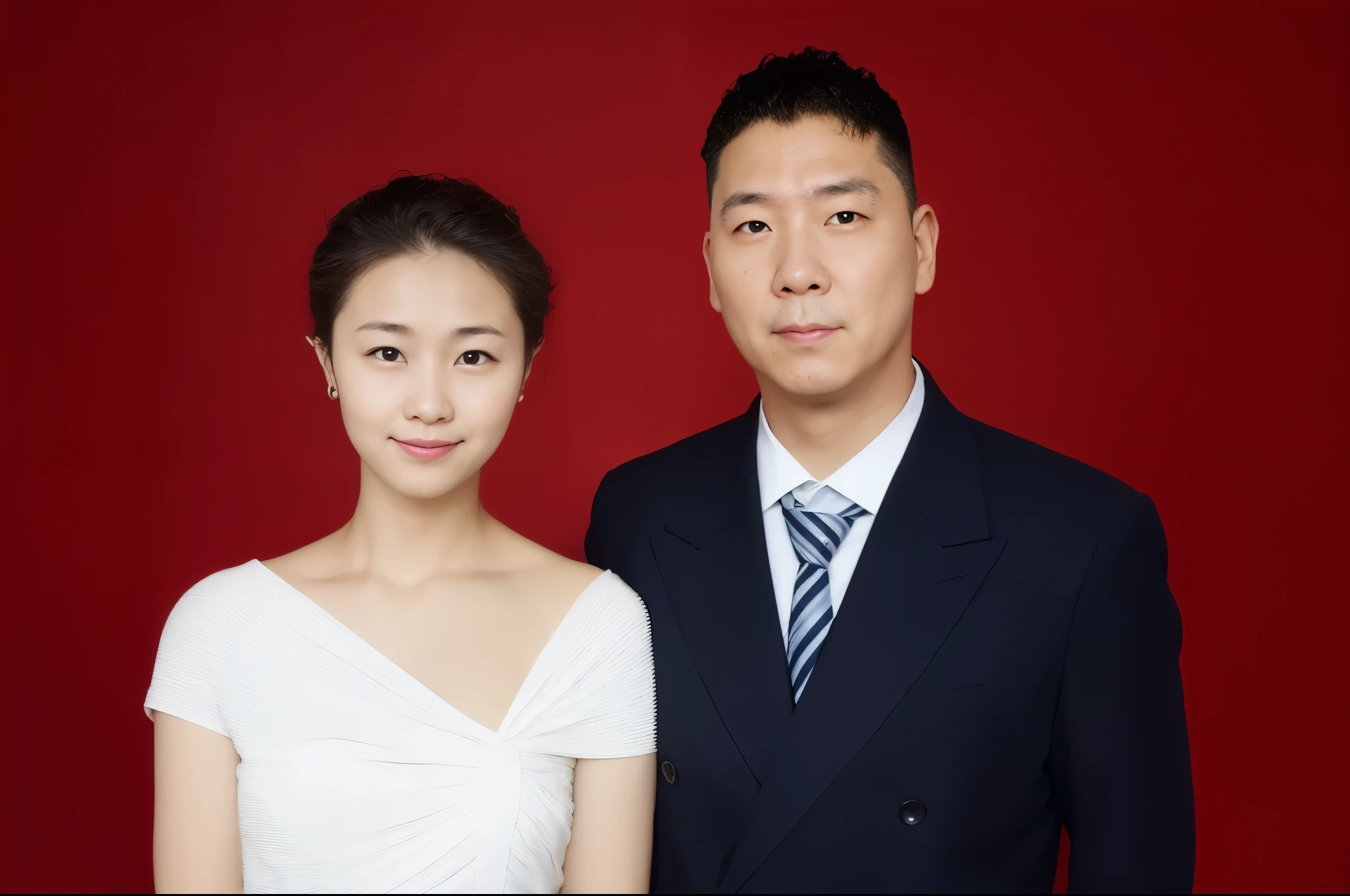 They posed for a group photo in front of the red wall, Ruan Jia and Fenghua Zhong, wedding photo, official photo, Happy couple, Background with, cute couple, couples portrait, couples portrait, ruan jia and brom, couple, Wedding, shaxi, ji-min, Taoist, high quality portrait, head and shoulders photography, Portrait shooting