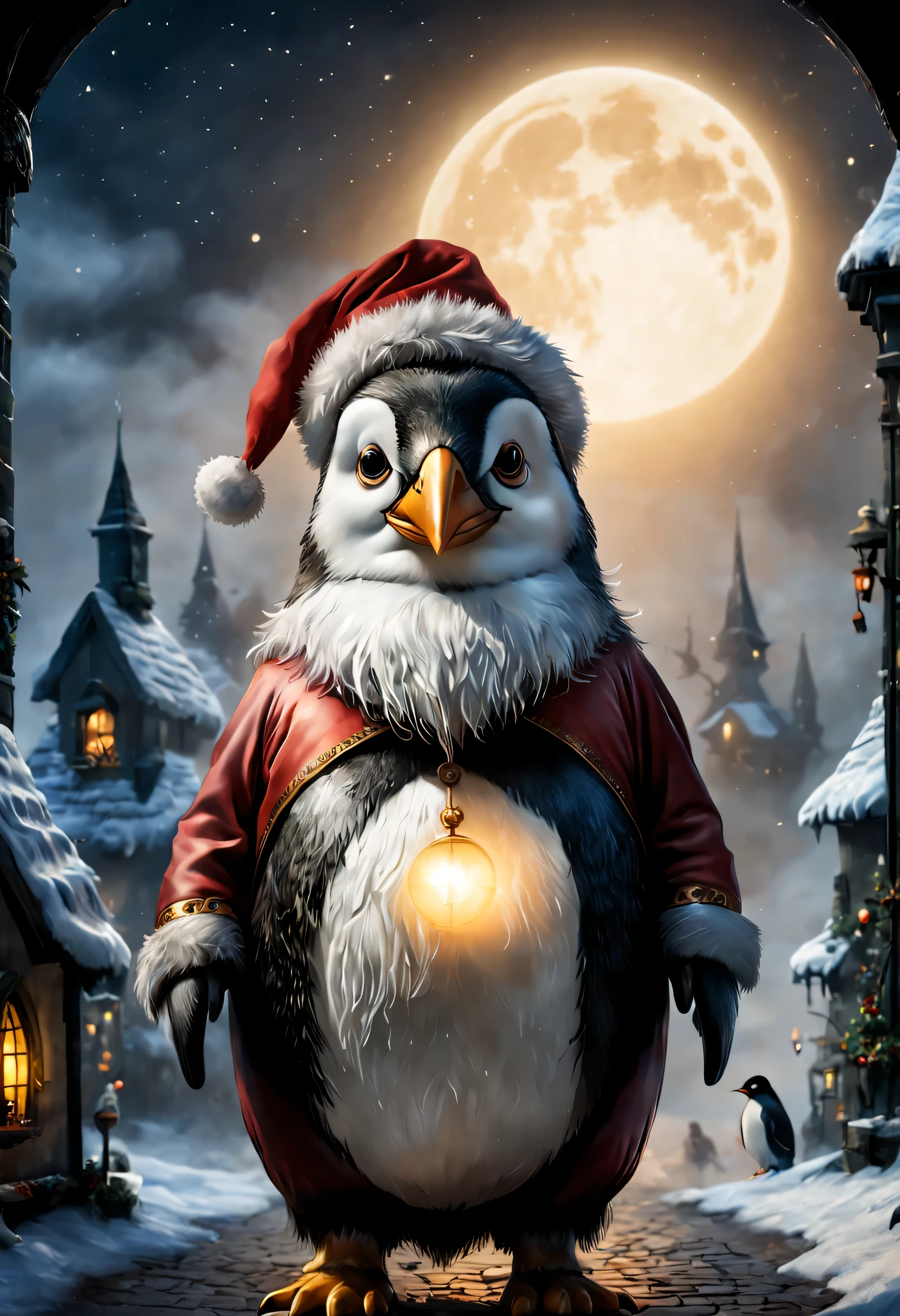 (((Calidad superior: 1.4))), (arte de Jean Baptiste Monge),(Obra maestra sin igual),(ultra-high def),(CG 8k ultrarrealista),claroscuro,cuteSanta Claus and cute penguin,cuerpo gordo,Disfraz de Santa Claus, The penguin is Santa Claus&#39;s pet.,Medieval Christmas town background,Christmas decorations,holiday vibe,, Moonlight creates a gradient of shadows and adds depth to images., (Magical Mysterious Background,antecedentes muy detallados, glowing particles, Ethereal fog, Oscuridad tenue), hype realista cover photo awesome full color, Kinematic, (Hiper detalle: 1.2), Perfect anatomy,more detail XL,Estilo Leonardo,,Detailmaster2,((Imagen de cuerpo completo:1.8)),,realista, al estilo de Esao Andrews, al estilo de Esao Andrews