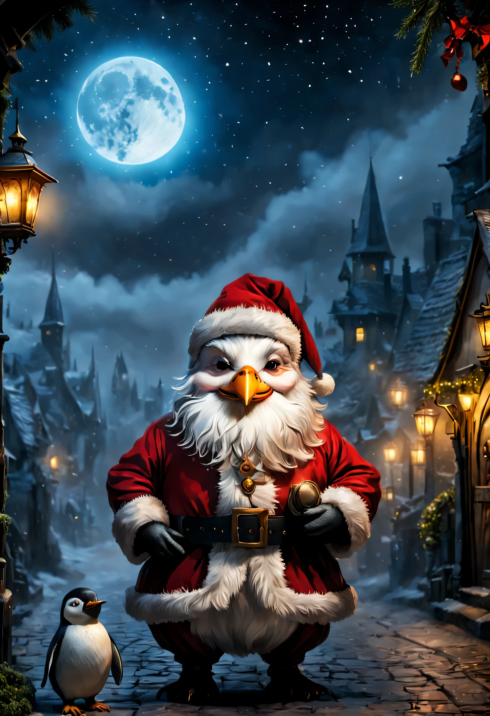 (((Calidad superior: 1.4))), (arte de Jean Baptiste Monge),(Obra maestra sin igual),(ultra-high def),(CG 8k ultrarrealista),claroscuro,cuteSanta Claus and cute penguin,cuerpo gordo,Disfraz de Santa Claus, The penguin is Santa Claus's pet.,Medieval Christmas town background,Christmas decorations,holiday vibe,, Moonlight creates a gradient of shadows and adds depth to images., (Magical Mysterious Background,antecedentes muy detallados, glowing particles, Ethereal fog, Oscuridad tenue), hype realista cover photo awesome full color, Kinematic, (Hiper detalle: 1.2), Perfect anatomy,more detail XL,Estilo Leonardo,,Detailmaster2,((Imagen de cuerpo completo:1.8)),,realista, al estilo de Esao Andrews, al estilo de Esao Andrews