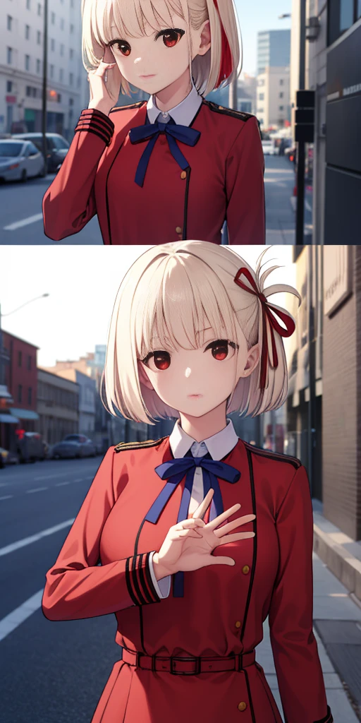 chisatonishikigi, nishikigi chisato, short hair, bangs, blonde hair, (red eyes:1.5), hair ribbon, one side up, bob cut,
BREAK shirt, long sleeves, dress, ribbon, white shirt, collared shirt, belt, neck ribbon, red dress, blue ribbon, pleated dress, grey dress, two-tone dress, red belt, lycoris uniform,,
BREAK outdoors, city,
BREAK looking at viewer, BREAK (masterpiece:1.2), best quality, high resolution, unity 8k wallpaper, (illustration:0.8), (beautiful detailed eyes:1.6), extremely detailed face, perfect lighting, extremely detailed CG, (perfect hands, perfect anatomy),