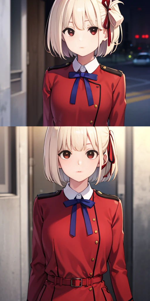 chisatonishikigi, nishikigi chisato, short hair, bangs, blonde hair, (red eyes:1.5), hair ribbon, one side up, bob cut,
BREAK shirt, long sleeves, dress, ribbon, white shirt, collared shirt, belt, neck ribbon, red dress, blue ribbon, pleated dress, grey dress, two-tone dress, red belt, lycoris uniform,,
BREAK outdoors, city,
BREAK looking at viewer, BREAK (masterpiece:1.2), best quality, high resolution, unity 8k wallpaper, (illustration:0.8), (beautiful detailed eyes:1.6), extremely detailed face, perfect lighting, extremely detailed CG, (perfect hands, perfect ???????),