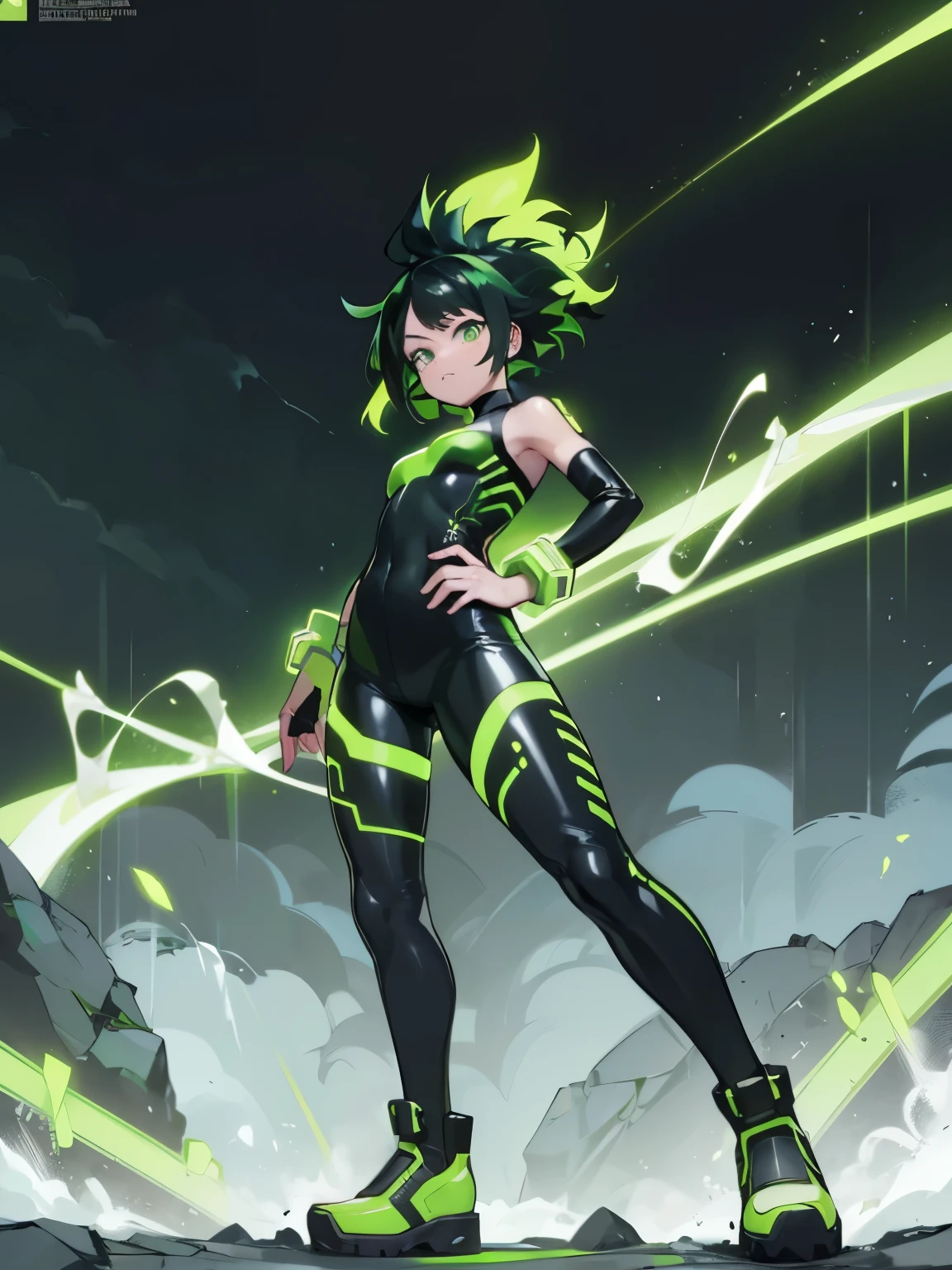 (((My Academic Style Hero))), (Foto de cuerpo entero:1.5), 1 girl, hembra, gender bender, Genderswap, Izuku Midoriya, senos medianos, caderas anchas, caderas redondas, muslos gruesos, cabello verde oscuro, cabello rizado, pelo corto, asymmetrical bangs, Flequillo lateral largo, ojos verdes, Neon Green Light Up High Leg Tight Black Wetsuit, Neon Green Light Up High Leg Tight Wetsuit, black high leg wetsuit with neon green light, black neon green light up thigh high boots, black boots with neon green light, neon green light up thigh high boots, black knee pads with neon green light, black elbow gauntlets with neon green light, black shoulder pads with neon green light, mirada malvada, sonrisa malvada, crazy expression, evil expression, En pie, En pie pose, Disparo de vaquero, Disparo de vaquero pose, Mirando al espectador, Perfect anatomy, Manos perfectas, Super detailed, neon green Lightning around, Neon green lightning, Lightning around, neon green Lightning around in the background, Neon green lightning in the background lightning in the background, Lightning around the background, fondo negro, fondo negro with lightning, fondo negro with Neon green lightning, fondo negro with Neon green lightning bolts around,