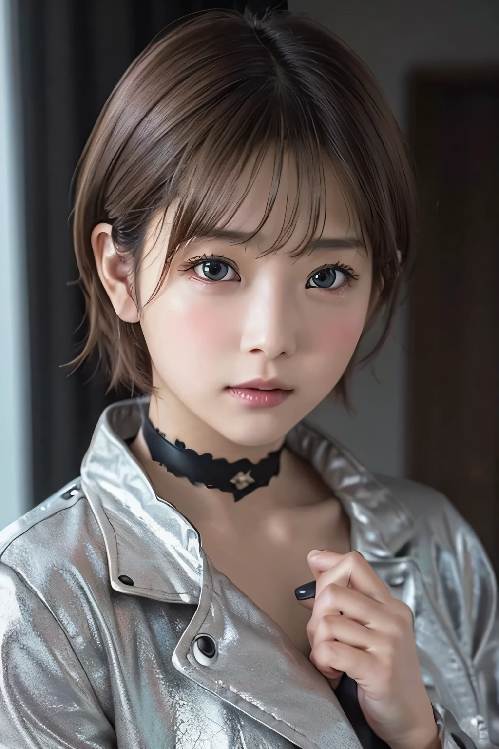 top-quality、8K Masterpiece、超A high resolution、(Photorealsitic:1.3)、Raw photo、女の子1人、(brown hair shortcut 1.5)、glowy skin、1 Cyberpunk Super Beautiful Soldier、((super realistic details))、portlate、globalillumination、Shadow、octan render、8K、ultrasharp、、metals、cold color、、highly intricate detail、Realistic light、CGSoation trend beautiful eyes、Eyes shining towards the camera、neon details、Junior high school girl、(Shining silver-gray eyes)、tiny body、Slimed、flat body、Black Choker、((Moist eyes))、Wearing a black rider jacket