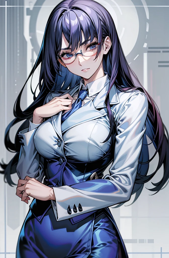 ​masterpiece、top-quality、hight resolution、profetional lighting、anime styled、Details of the face and clothes、Single-color background 、1womanl、Upper body shot from the front、Beautiful busty beauty standing facing the front、(Mature face and body)、Turn your face and look straight ahead、from body to mind、I can see everything down to my toes..、（wearing an indigo blazer、Please wear a black shirt、Dark blue tie、Slim glasses that make you look intelligent、Indigo pencil skirt with long slit)、(red eyelashes and blue shiny hair、straight haired :1.1)