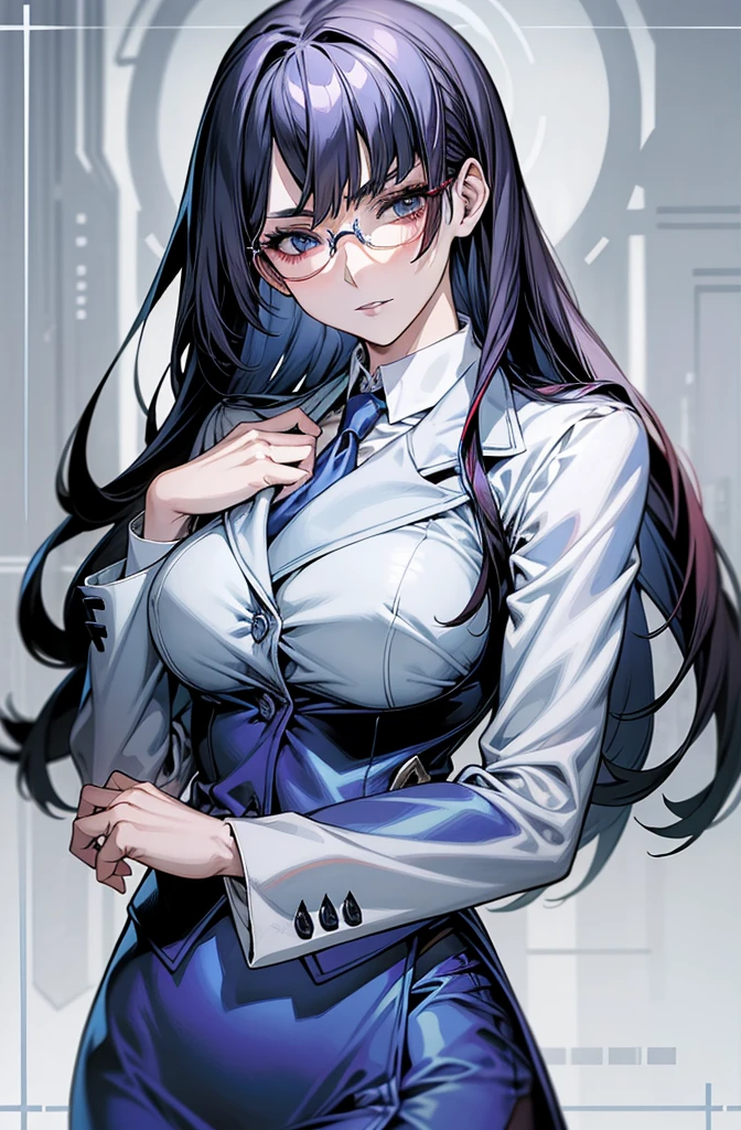 masterpiece、top-quality、hight resolution、profetional lighting、anime styled、Details of the face and clothes、Single-color background 、1womanl、Upper body shot from the front、Beautiful busty beauty standing facing the front、(Mature face and body)、Turn your face and look straight ahead、from body to mind、I can see everything down to my toes..、(wearing an indigo blazer、Please wear a black shirt、Dark blue tie、Slim glasses that make you look intelligent、Indigo pencil skirt with long slit)、(red eyelashes and blue shiny hair、straight haired :1.1)