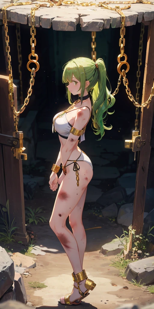 Female, standing, straight, 1girl, elf, green wavy hair, from above, medium breasts, suspended by arms, head down, POV, from the side, (dirty, bruise:1.2), cave floor, tiedup, rope, (Masterpiece), full body of a female, big breast, detailed face, full portrait, standing straight, shackles on arms and legs, black chocker on neck, SFW, WHITE TOGA, golden chains hands, golden chains legs, lascivous face, embarrassed, red cheeks, braid black hair, looking at viewer, handcuffs on their hands, with a collar around the neck, slave, ((black choker, shackles on legs and arms)) ((hands hidding behind body))