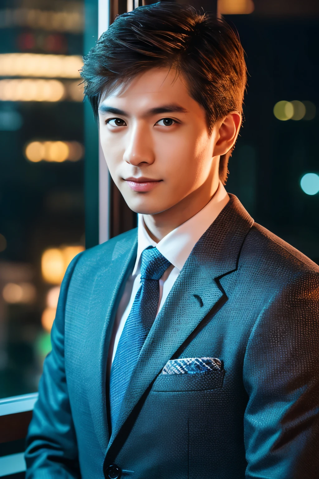 (best quality,4k,highres,masterpiece:1.2),ultra-detailed,(realistic:1.37),HDR,UHD,(professional:1.1),vivid colors,sharp focus,physically-based rendering,studio lighting,night view,
portrait,Japanese man,suit,standing by the office window,sharp eyes,promising appearance,single-shot hairstyle,business position