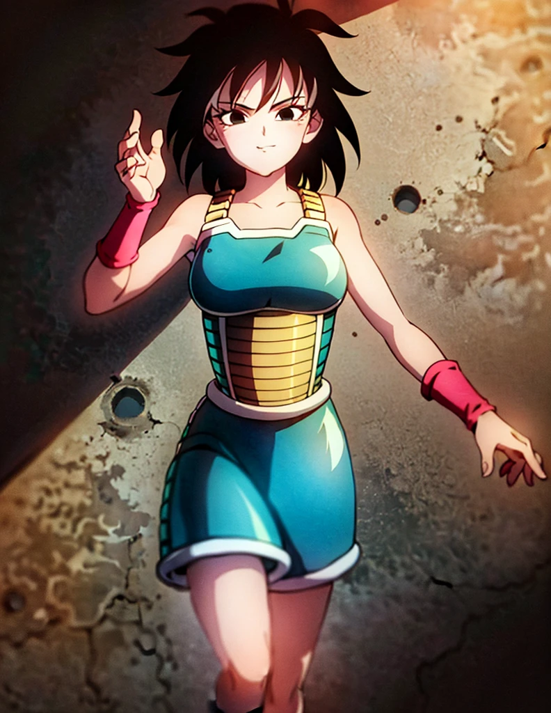 ((extremely detailed CG unity 4k wallpaper)),(masterpiece),(ultra quality),(ultra-detailed),(best illustration),(best shadow),(Extremely Detailed),(absurdres),(detailed background), Gine, 1girl, solo, black hair, black eyes, saiyan armor, armor, smile, gloves, looking at viewer, bare shoulders, waving with right hand