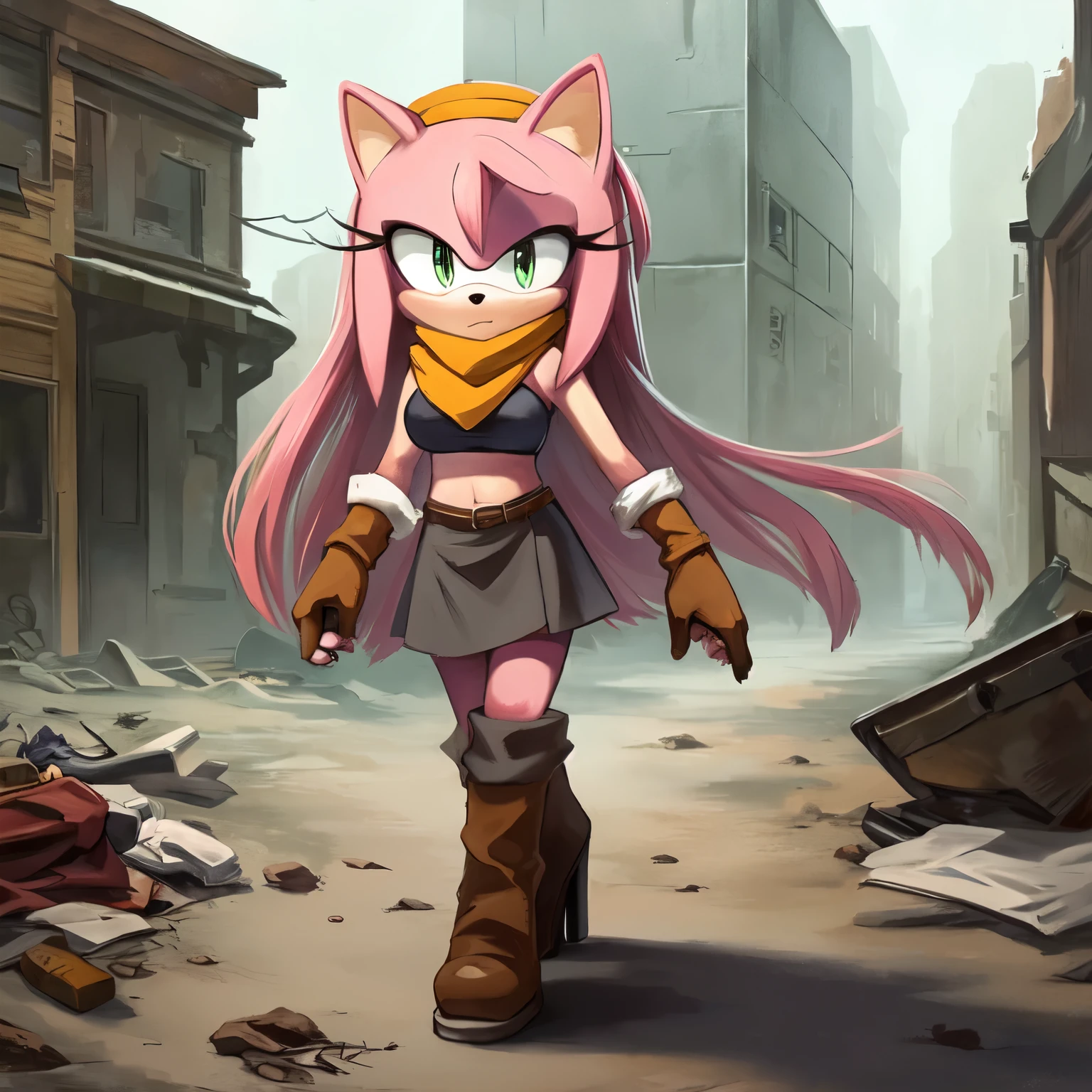 (((Solo))), (((1girl))), older Amy Rose, ((long hair)), (larger hair bangs), (dark pastel pink fur), green eyes, average sized breasts, dark gray tube top, tight dark red skirt, dark gray leggings, (long dark red anime like scarf), dark red fingerless gloves, dark red and dark gray high heeled boots, dark gray elbow length arm warmers, dark red head band, blank expression, walking in an apocalyptic wasteland