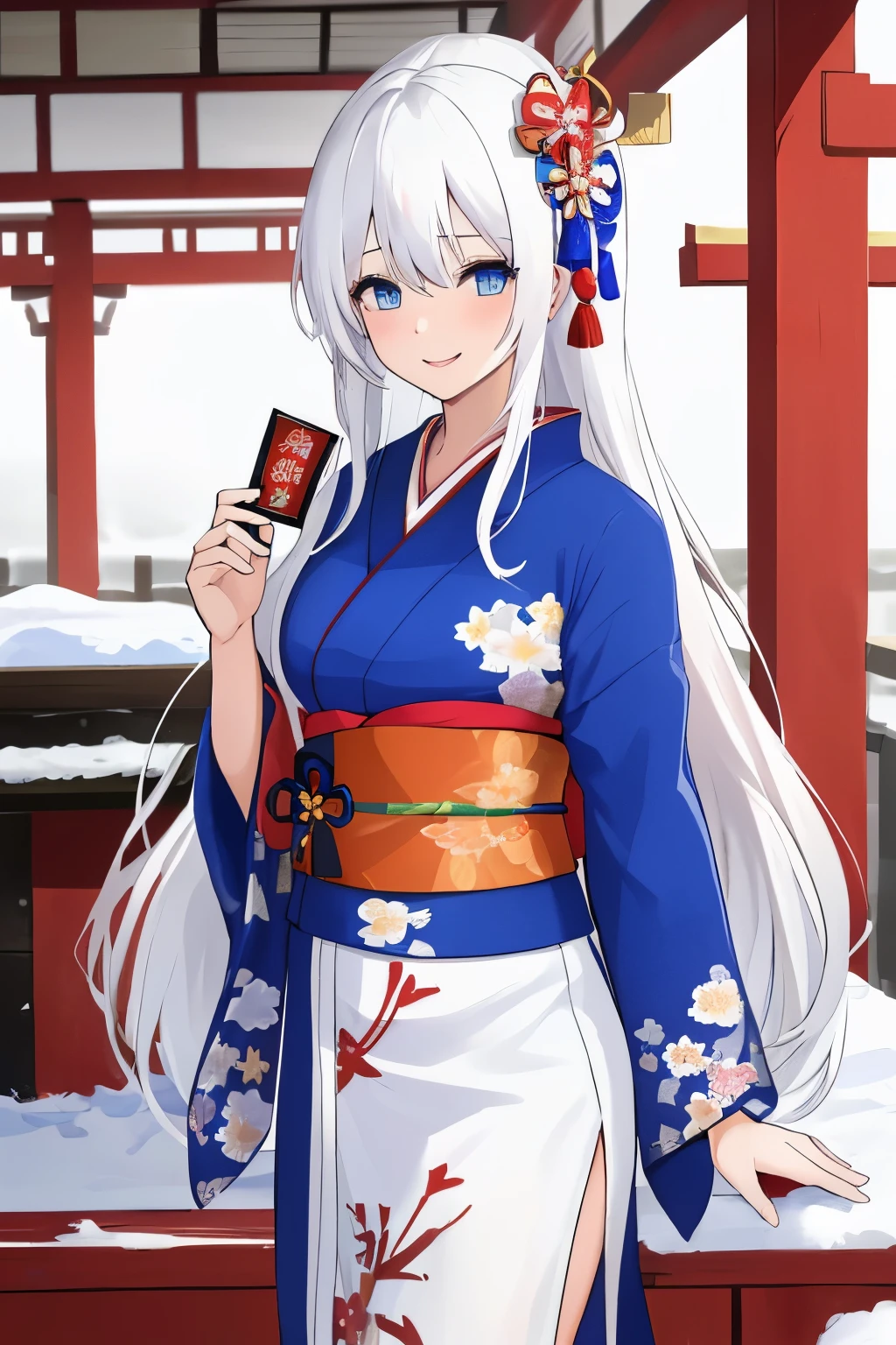 Chica anime, ((Masterpiece), top-quality, Top image quality, ((((solo)))), ((((white hair)))), long hair, Beautiful blue eyes, Shining eyes, dye one's cheeks red, smile, teens girl, 18yo, cute, {{{{floral printed kimono}}}}, wearing fusion kimono and yukata, side slit, surrounded by items representing the Japanese New Year, snow, 8k