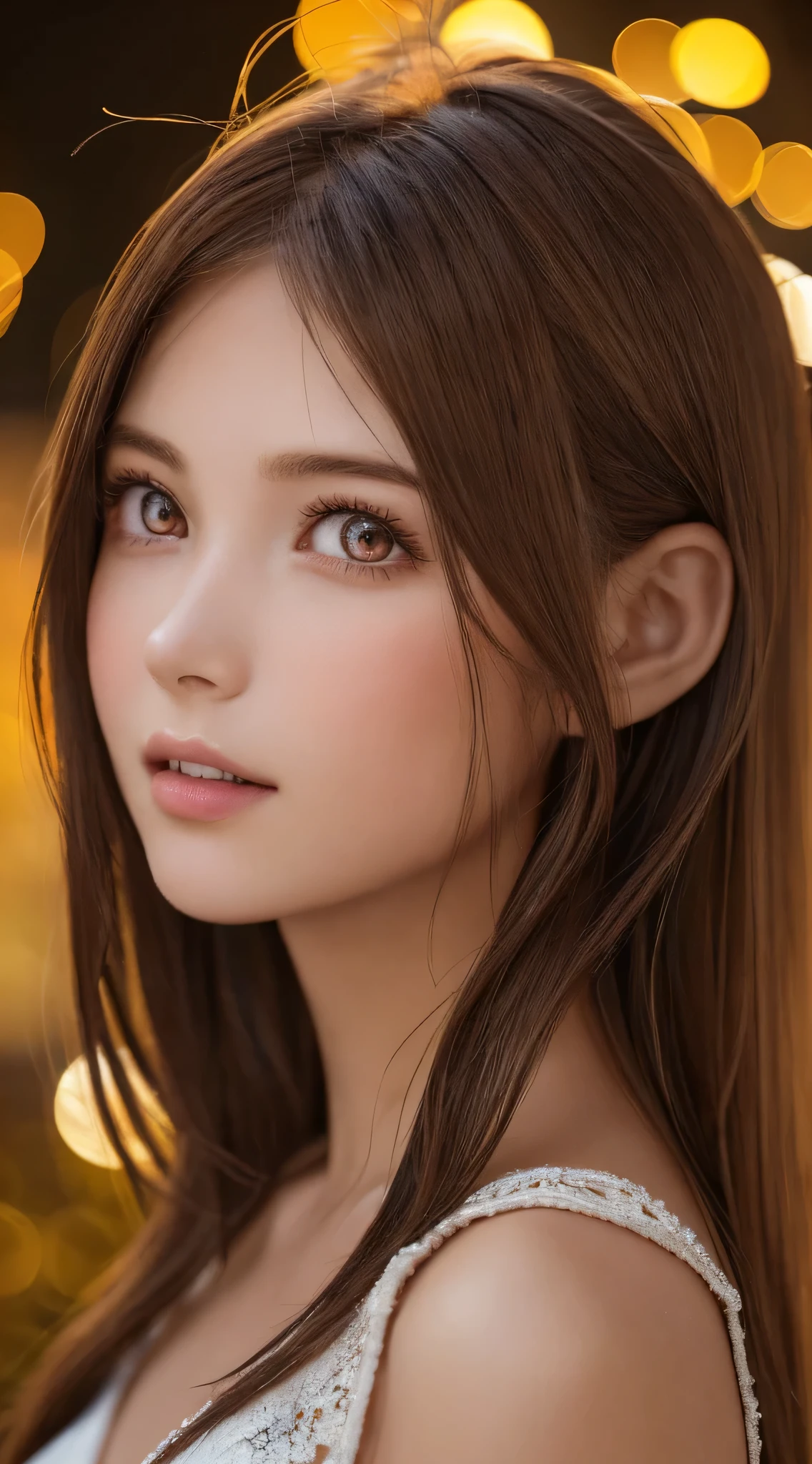 (Best Quality), (Ultra-detailed), (Illustration), (Detailed light), (extremely delicate and beautiful), 1young girls, Brown hair, Brown eyes, modeled, bare shoulders、breastsout:1.2), Best Quality, extremely detailed CG unified 8k wallpaper, High-definition color, Professional, (((Bokeh))), depth of fields, Twilight, Sunset,