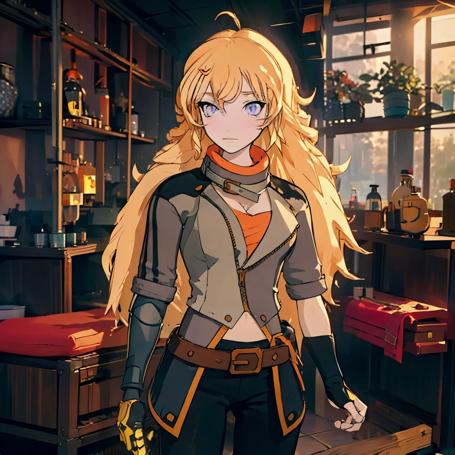 Yang Xiaolong, Yang Xiaolong, Long hair, Blonde hair, (Purple eyes:1.1), Ahoge, Bangs,Breaking cleavage, Jacket, Belt bag, mechanical arms, シングルmechanical arms, prosthesis, Left hand is a prosthetic hand,BREAK outdoors,BREAK looking at viewer, (Cowboy Shot:1.5),BREAK (masutepiece:1.2), Best Quality, High resolution, Unity 8k壁纸, (Illustration:0.8), (Beautiful detailed eyes:1.6), extra detailed face, Perfect Lighting, extremely details CG, (Perfect hands, Perfect Anatomy),Long pants