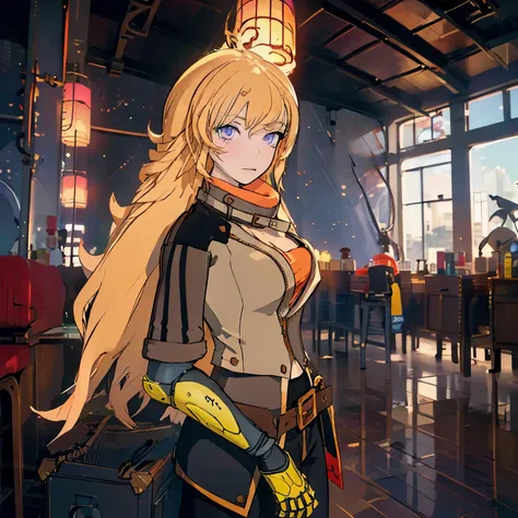 yang xiaolong, yang xiaolong, long hair, blonde hair, (purple eyes:1.1), ahoge, bangs,breaking cleavage, jacket, belt bag, mecha...