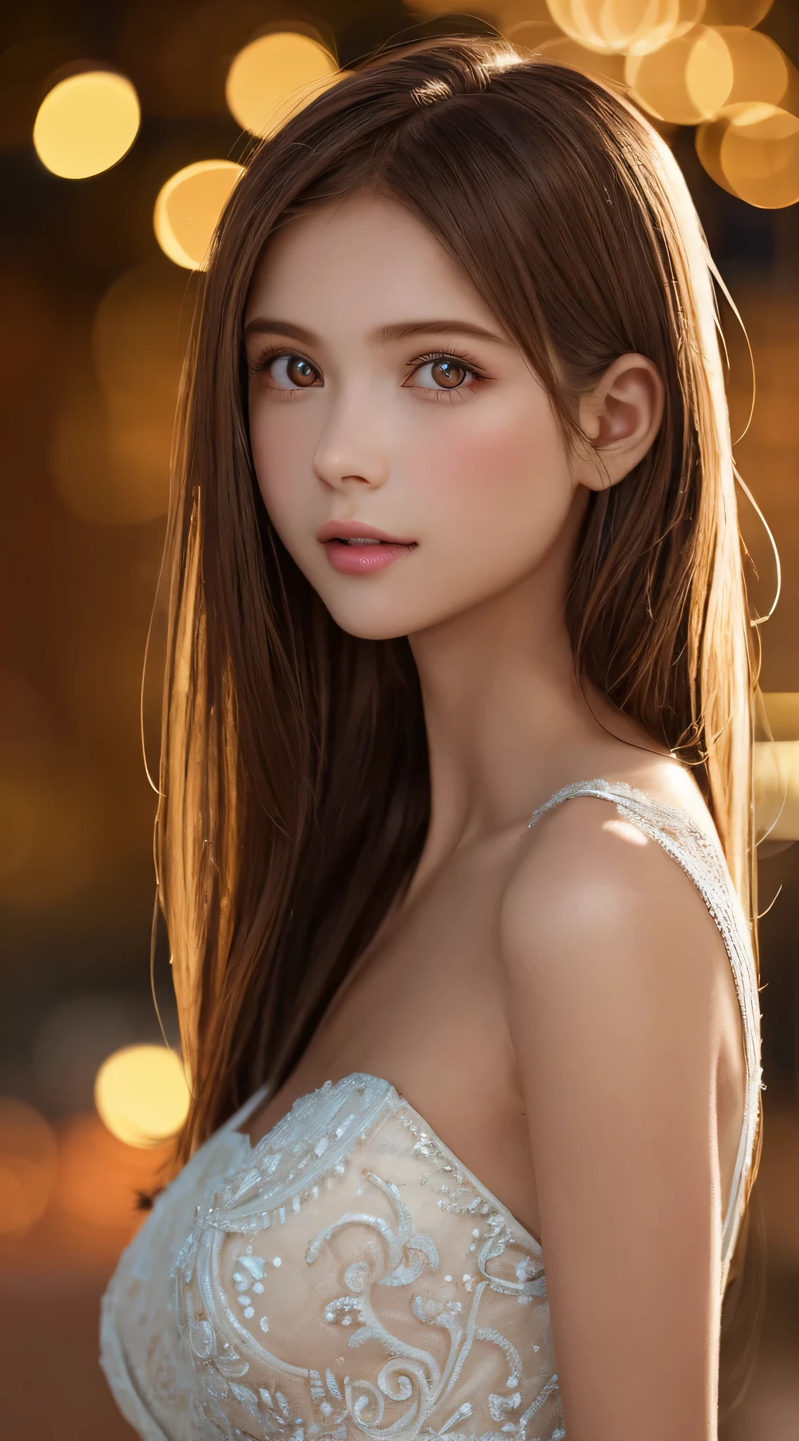 (Best Quality), (Ultra-detailed), (Illustration), (Detailed light), (extremely delicate and beautiful), ung girls, Brown hair, Brown eyes, modeled, bare shoulders​、breastsout:1.2), Best Quality, extremely detailed CG unified 8k wallpaper, High-definition color, Professional, (((Bokeh))), depth of fields, Twilight, Sunset,