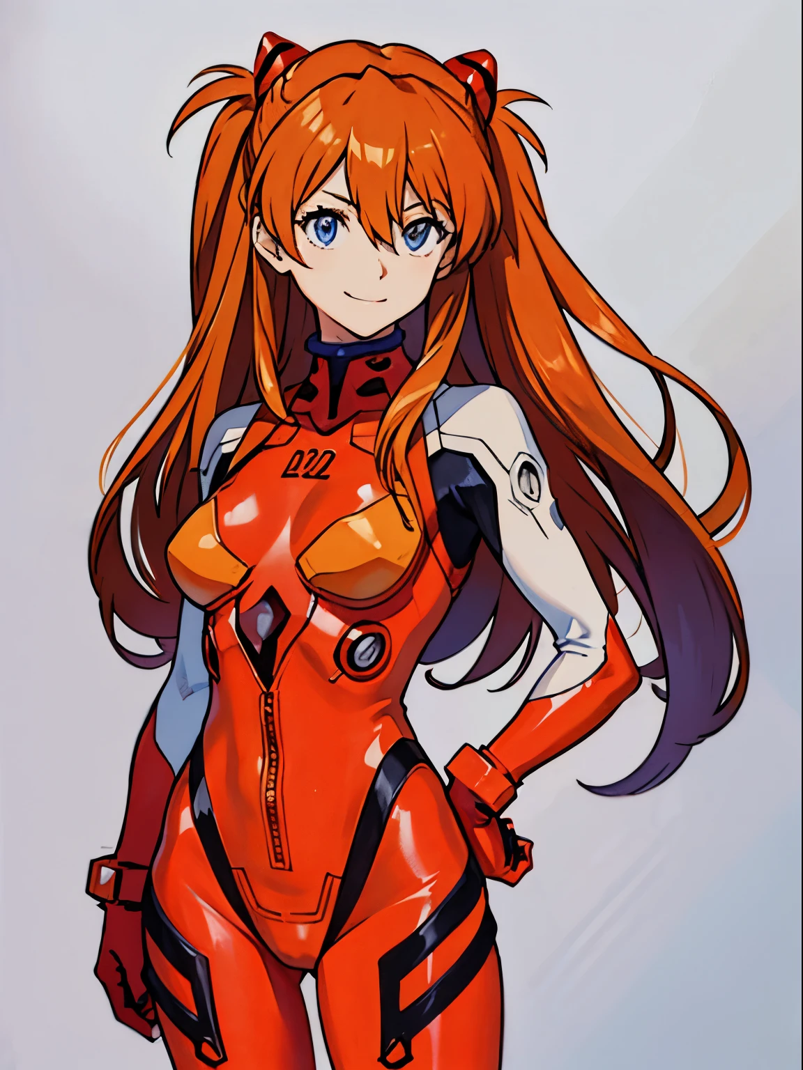 (traditional media:1.6), simple background, 1girl in, Solo, Souryu Asuka Langley, long hair, Orange hair, Interface headset, Red bodysuit,  Gravure Pose，a smile, monochrome