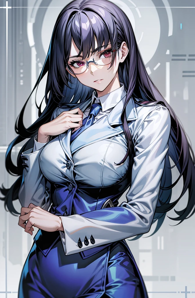 ​masterpiece、top-quality、hight resolution、profetional lighting、anime styled、Details of the face and clothes、Single-color background 、1womanl、Upper body shot from the front、Beautiful busty beauty standing facing the front、(Mature face and body)、Turn your face and look straight ahead、from body to mind、I can see everything down to my toes..、（wearing an indigo blazer、Please wear a black shirt、Dark blue tie、Slim glasses that make you look intelligent、Dark indigo pencil skirt with long slits)、(Wet red eyes and blue shiny hair、straight haired :1.1)