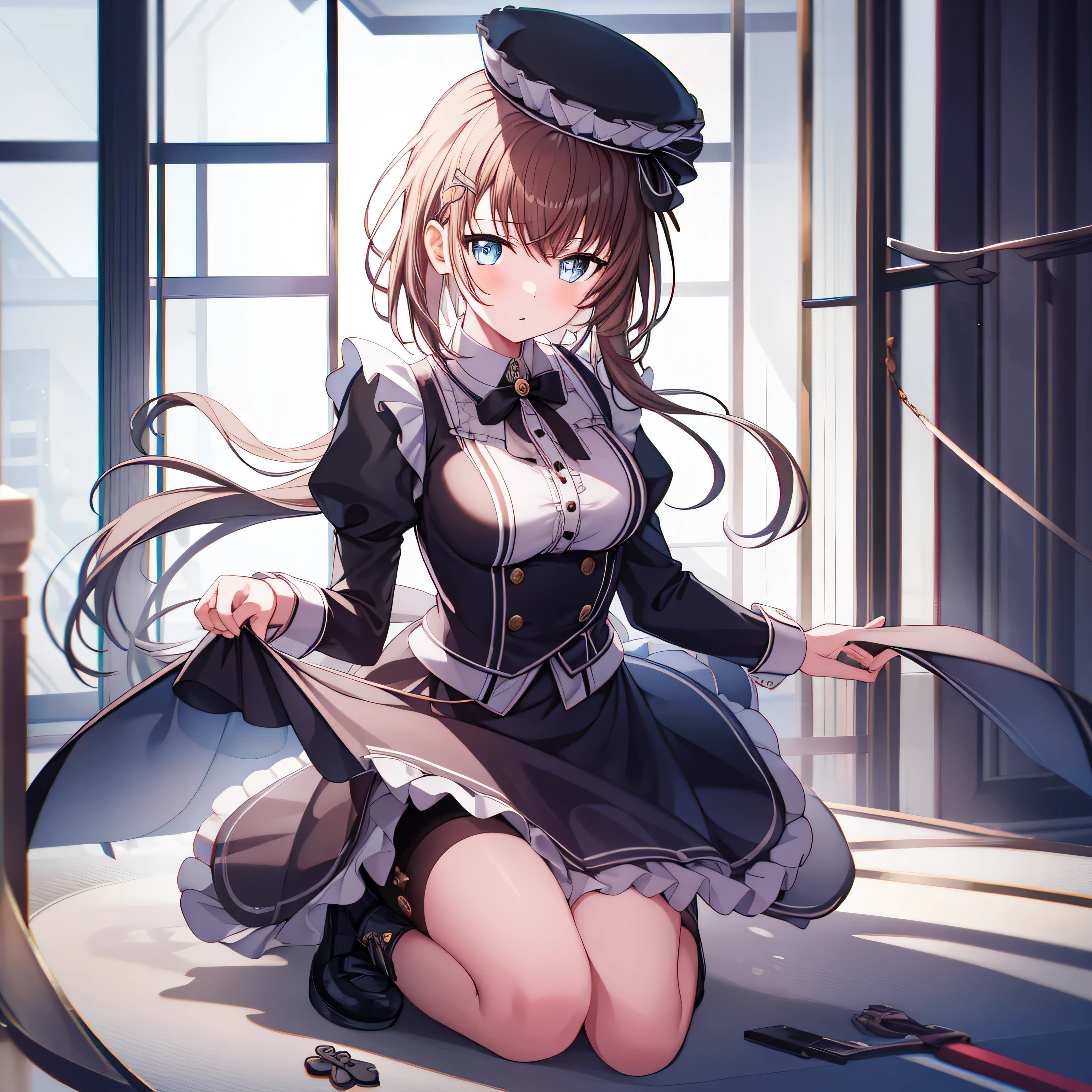 1 girl, , Alone, Raised your legs, long_the hair, a skirt, Black_the hair, maid_Hats, lookingat_Take a step back, lookingat_Shown in_peeking at the viewer, through bangs, Black_Raised your legs, face flushed, Black_a skirt, Sam, short_the sleeve, Clothes are_lifted up, wrists_Arm cuffs, Decorative style, a skirt_lifted up, bigger_, lifted uped_pasado_self-expression, Translucent liquid comes from_Shown in后面, maid, Fluffy_short_the sleeve, side locks, Fluffy_the sleeve, cropper_top, blunt_through bangs, , awas_mGet outh, bigger腿, Black_There are eyes, cthe hair, Kneeling, frilly_a skirt, _Get out, Shown in室内, janelas,