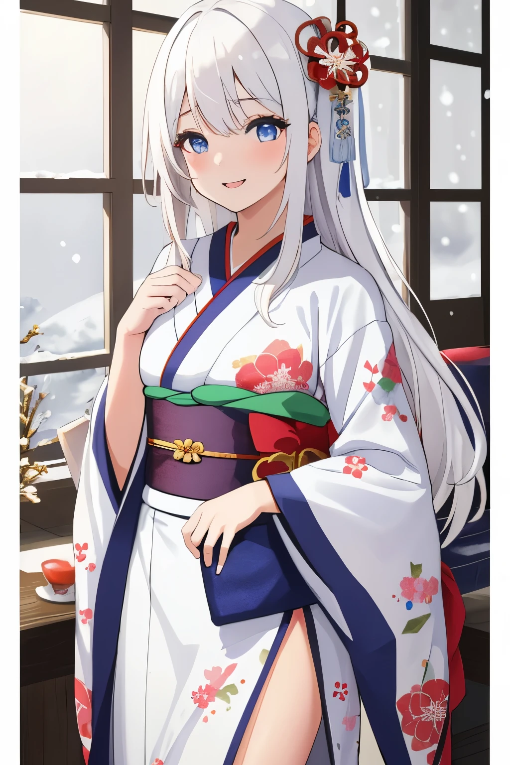 Chica anime, ((Masterpiece), top-quality, Top image quality, ((((solo)))), ((((white hair)))), long hair, Beautiful blue eyes, Shining eyes, dye one's cheeks red, smile, teens girl, 18yo, cute, {{{{floral printed kimono}}}}, wearing fusion kimono and yukata, side slit, surrounded by items representing the Japanese New Year, snow, 8k