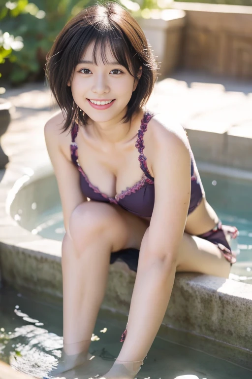 Girl in the bathtub,  Legs open, Black hair, 18year old (Realistic:1.Phototriaritic:1.3), Ultra-detailed, (highdetailskin:1.2), 8K UHD, Digital SLR, Soft lighting, High quality， (((​masterpiece))),  (One beautiful Japan girl, Innocence，kawaii) ，超A high resolution, Realistic, Ultra-detailed細, 8K,top-quality, Extremely detailed, Detailed background,A slender,very beautiful japanese girl, Detailed face:1.3), (Boyish berry shorthair，A dark-haired :1.4), (a baby face，kawaii系,adorable girl), (Perfect body:1.1), cute and innocent smile,Show your beautiful teeth