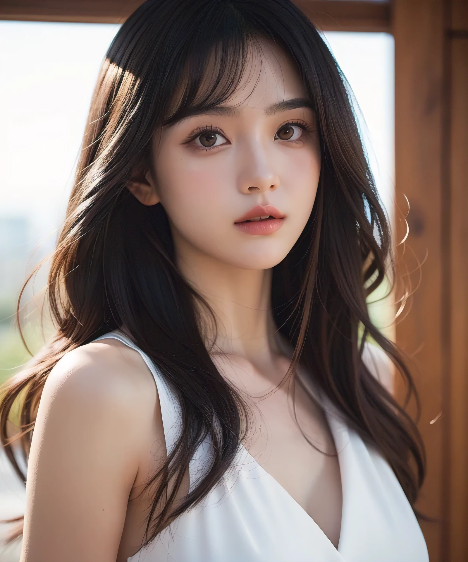 upperbody shot、front-facing view、a Japanese young pretty woman、Gentle face、hyper cute face、shiny lips、Double eyelids in both eyes、Natural makeup, long eyeslashes、Long bob hair shiny smooth light brown hair、Hair swaying in the wind, asymmetrical bangs、Headframe、image in center、8K、high detailing、detailed hairstyle、A detailed face、spectacular movie lighting、octane renderings、with a vibrant、Ultra-realistic、Perfect limbs、perfect anatomia