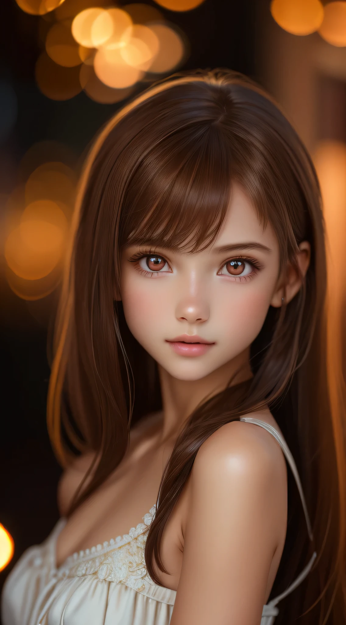 (Best Quality), (Ultra-detailed), (Illustration), (Detailed light), (extremely delicate and beautiful), 1young girls, Brown hair, Brown eyes, modeled, bare shoulders、breastsout:1.2), Best Quality, extremely detailed CG unified 8k wallpaper, High-definition color, Professional, (((Bokeh))), depth of fields, Twilight, Sunset,