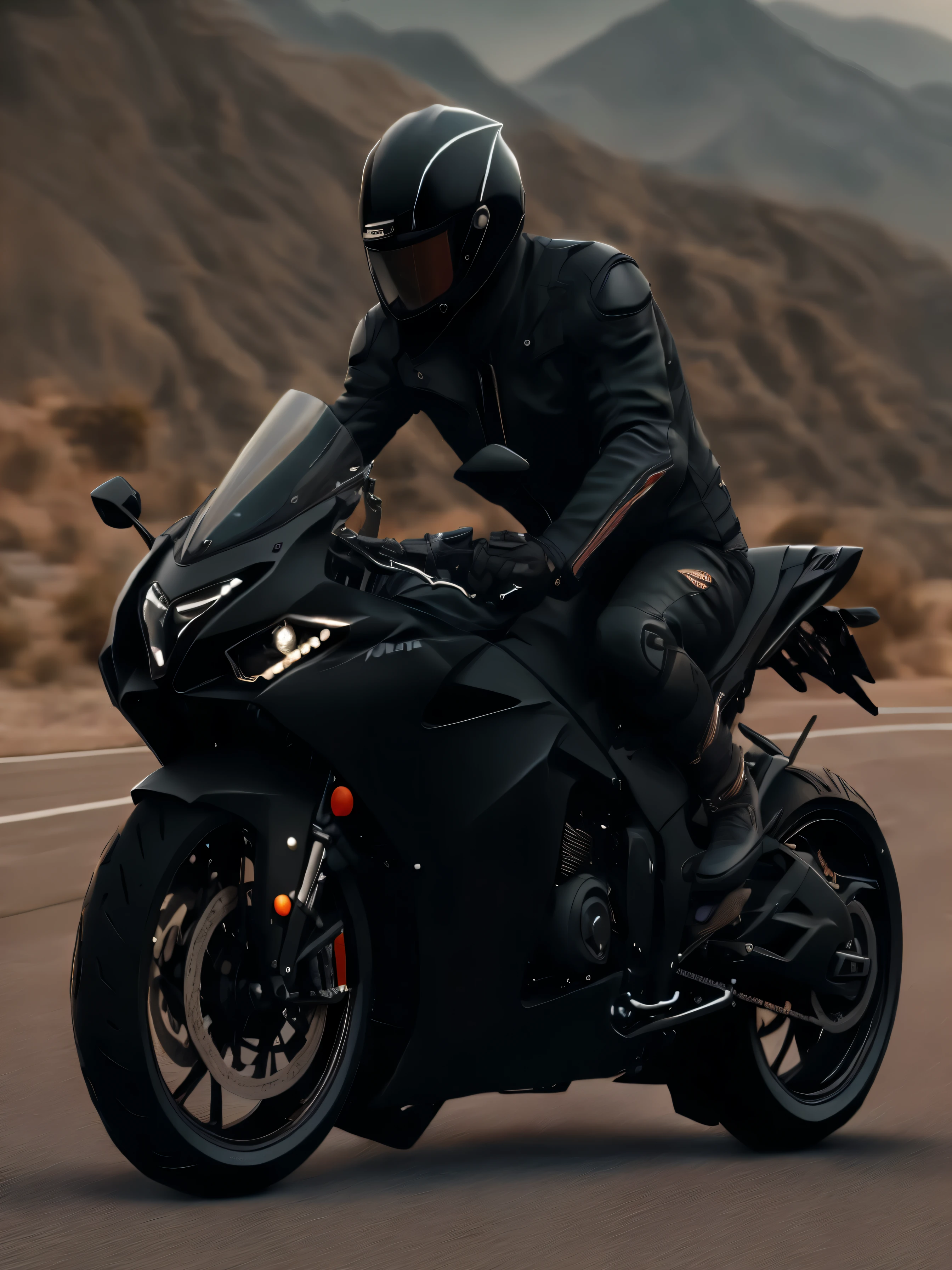 motorcycle rider in black leather jacket riding on a black motorcycle, streamlined matte black armor, motorcycle, daniel maidman octane rendering, black octane render, riding a motorcycle, riding a futuristic motorcycle, vantablack gi, motorbiker, 8 k octane detailed render, 8k octane render photorealistic, 8k octane render, 8 k octane render, portrait shot