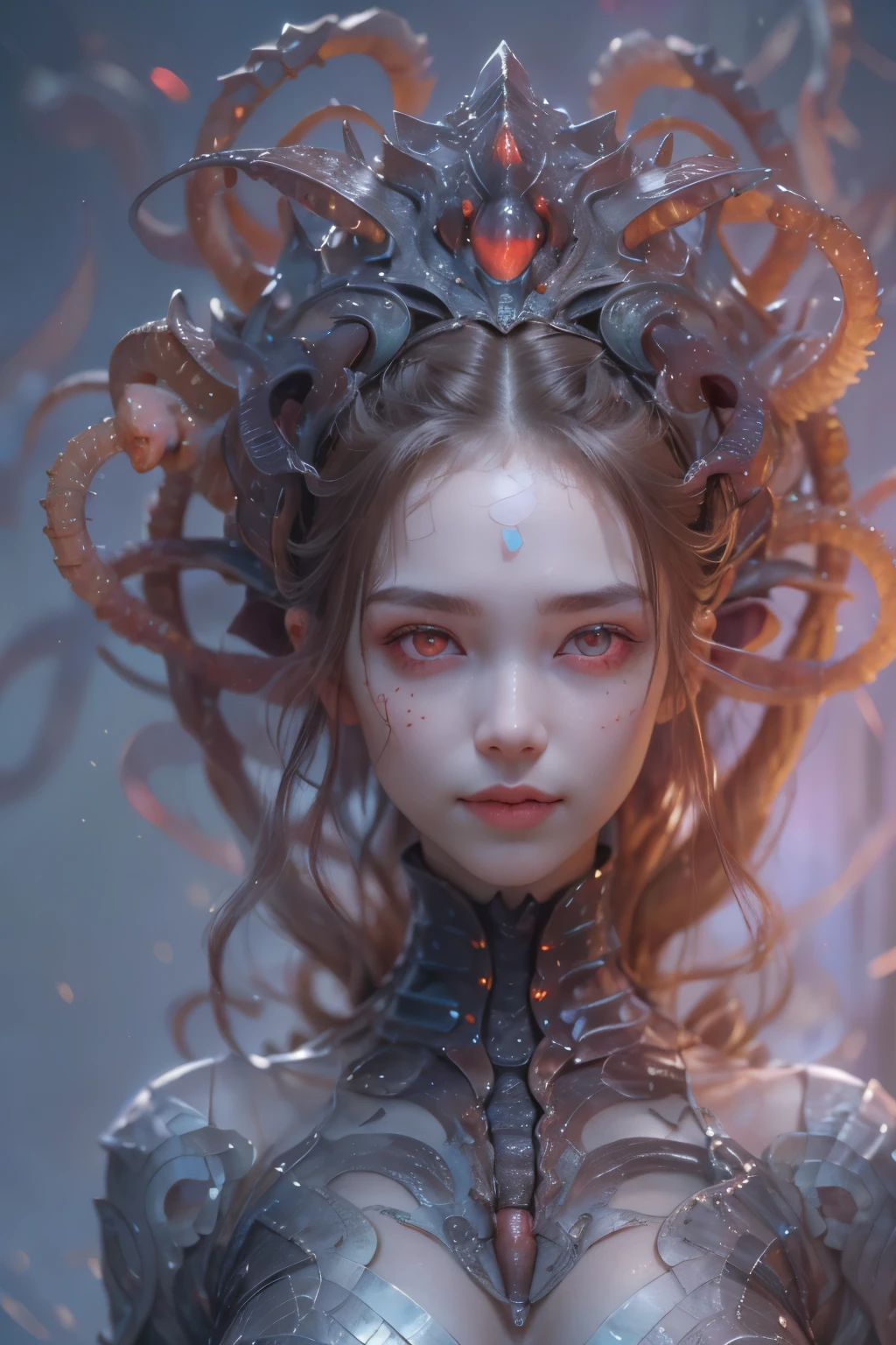 Portrait, (beautiful female alien:1.2), (she has red eyes with no pupils:1.8), (Translucent skin:1.7), (There is a female genital-like organ in the middle of the forehead:1.9), (The most beautiful face in the history of the universe:1.2),an evil gaze that seduces, (large mouth:1.1), (sharp teeth like a vampire:1.2), Full body like, (bio luminescent:1.5), (Smile wickedly:1.3), (sexypose:1.5), alien, No humans, cells are fused, (Lots of translucent tentacles:1.3) extraterrestrial, cell, bio image, Best Quality, 8K,4K_quality, High Definition, Dramatic Lighting, masutepiece:1.5,cinematic quality, detail up, (Intricate details:1.2), High resolution, High Definition, drawing faithfully, (Thick eyebrows:1.2), Beautiful eyes with fine symmetry,(Highly detailed face and eyes:1.2), Intimate face, (Super detailed skin quality feeling:1.4), Perfect Anatomy, (Beautiful toned body:1.5), (Moist skin:1.2), No makeup, (dark circles:1.1), long canines, cinematic drawing of characters, ultra high quality model, cinematic quality, detail up, (Intricate details:1.2), High resolution, High Definition, drawing faithfully, Official art, Unity 8K wall , 8K Portrait, Best Quality, Very High resolution, ultra detailed artistic photography, midnight aura, unreal enginee 5, Ultra Sharp Focus, art by alberto seveso, ArtGerm, Roisch, intricate artwork, best quality, masutepiece, ultra High resolution, (photos realistic:1.4), Ultra-realistic realism, dream-like, nautilus, Creation of fantasy, Snail, Dream Snail, biopunk nautilus, Thrilling color schemes, Ultra-realistic realism, seductively smiling, Blue tentacles,